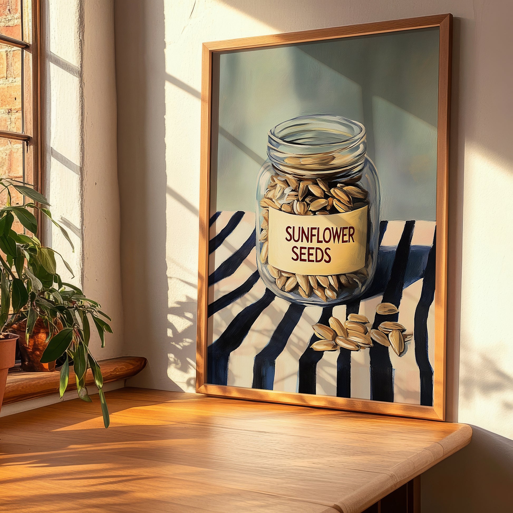 Sunflower Seeds – on Striped Tablecloth, Nuts Illustration, clean layout with no caption