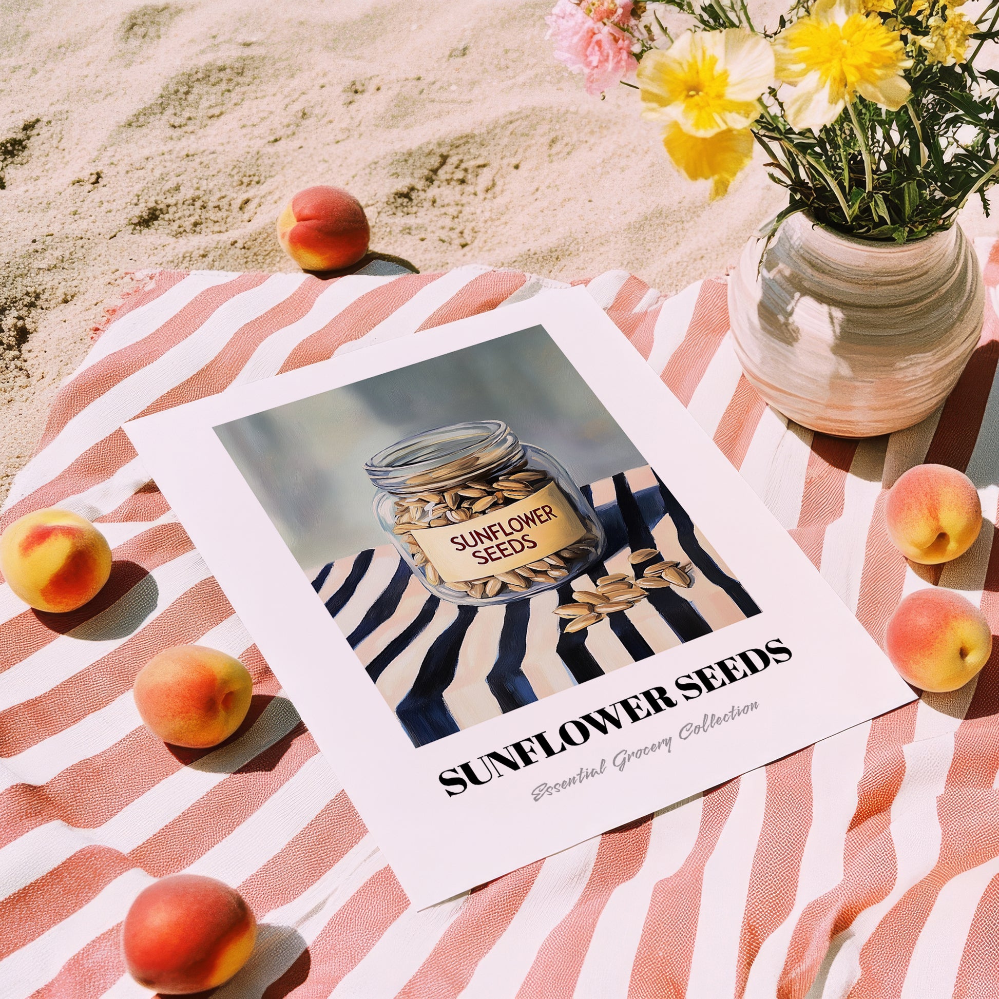 Sunflower Seeds – on Striped Tablecloth, Nuts Illustration, unframed on coastal sand