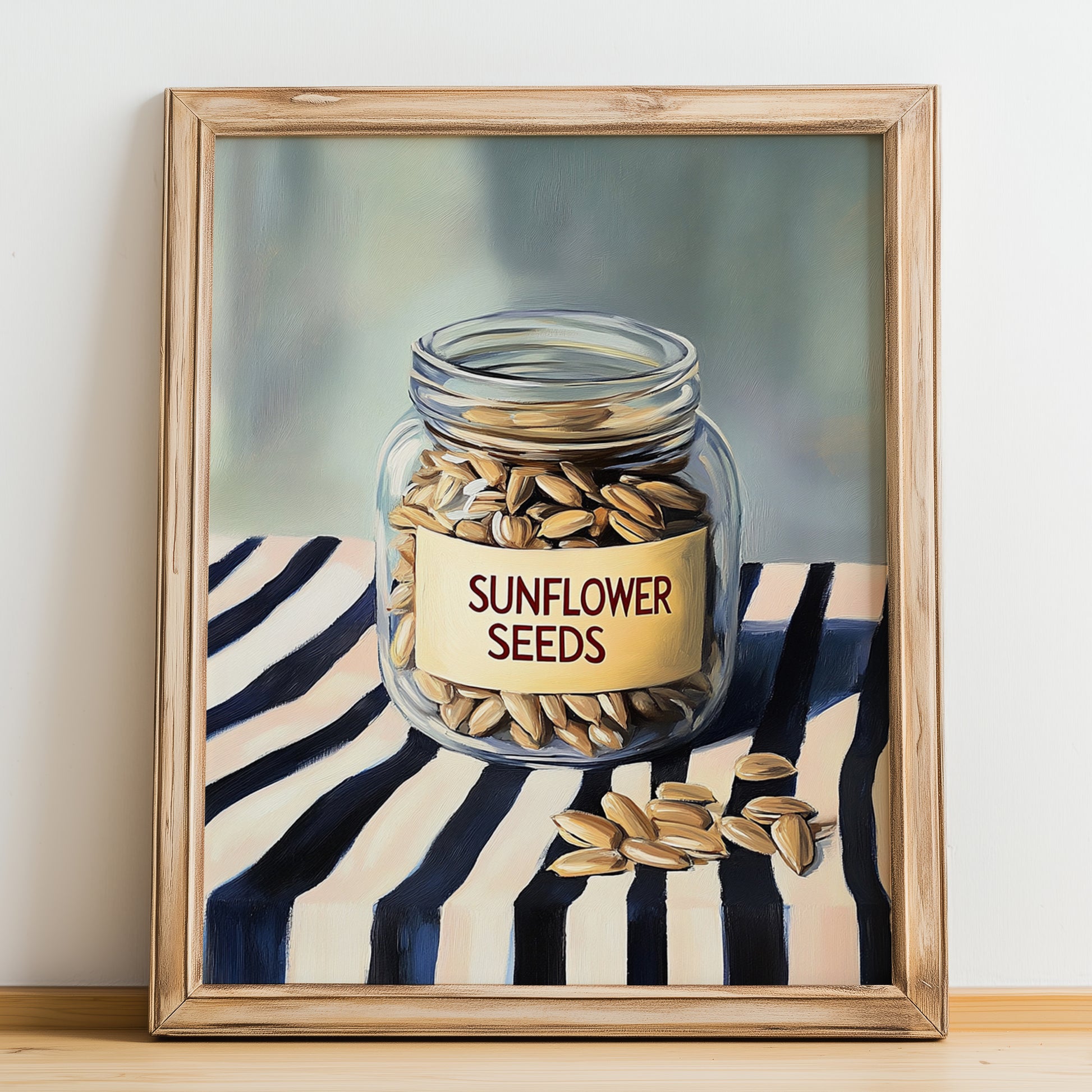 Sunflower Seeds – on Striped Tablecloth, Nuts Illustration, no-text version framed in wood