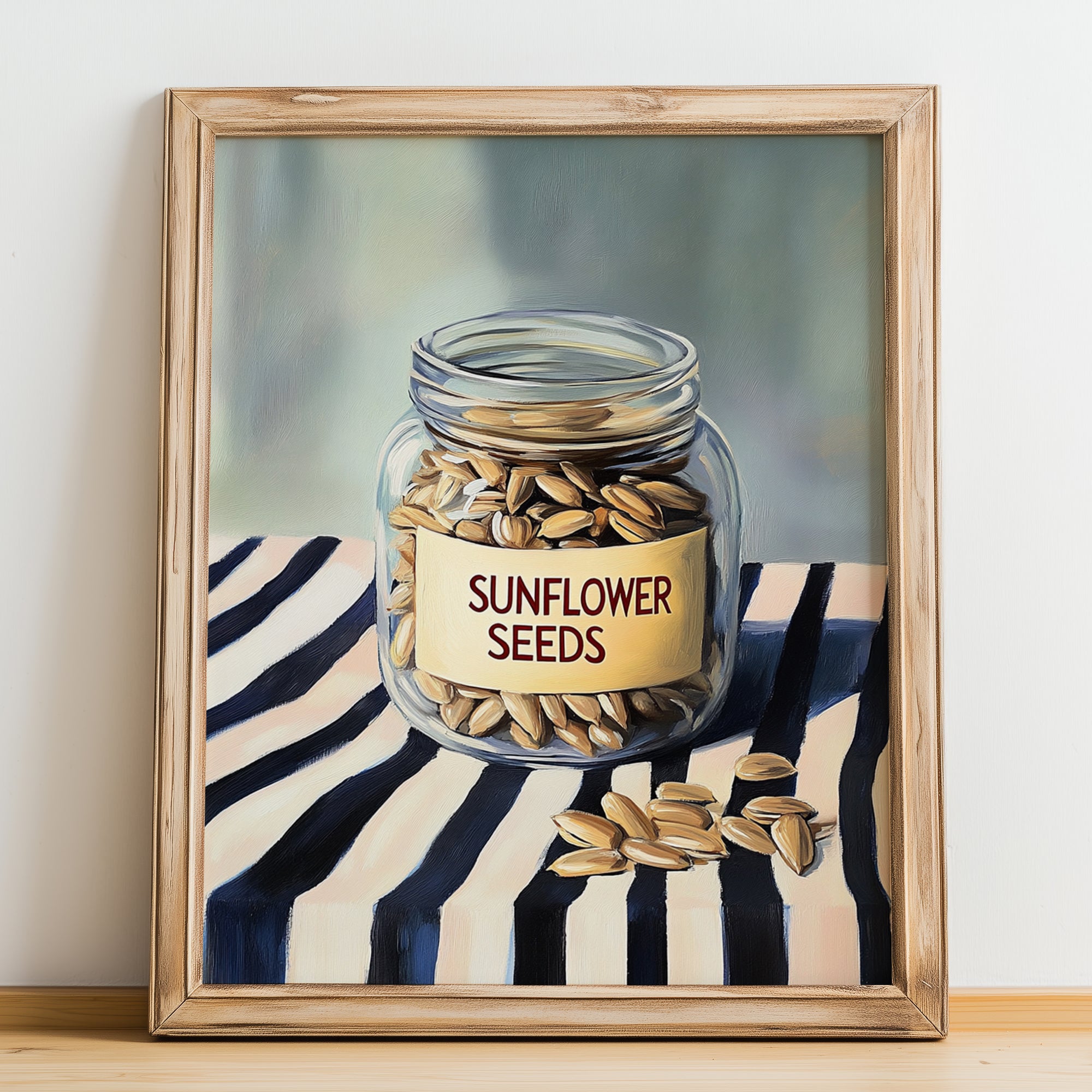 Sunflower Seeds – on Striped Tablecloth, Nuts Illustration, no-text version framed in wood