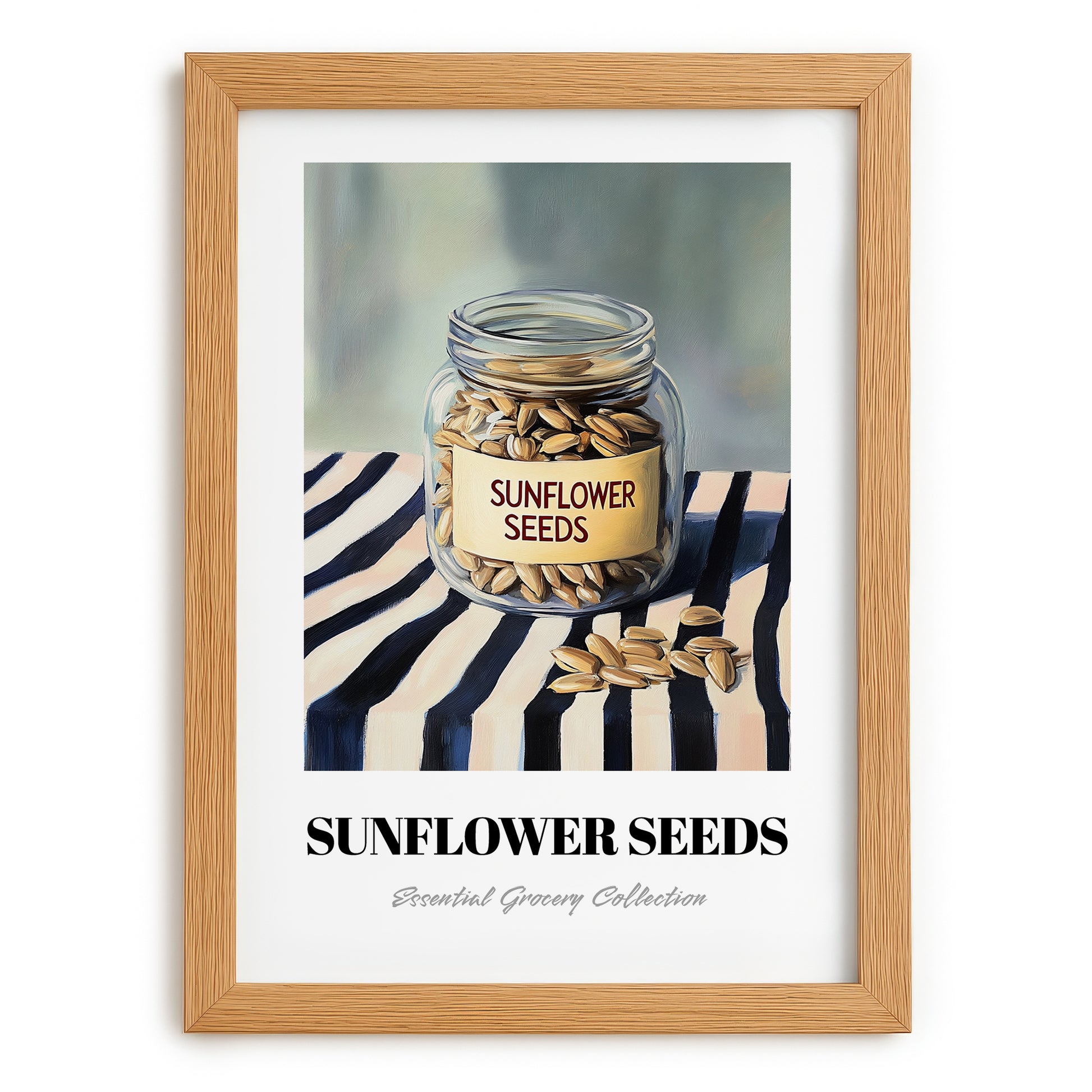 Sunflower Seeds – on Striped Tablecloth, Nuts Illustration, set in oak frame