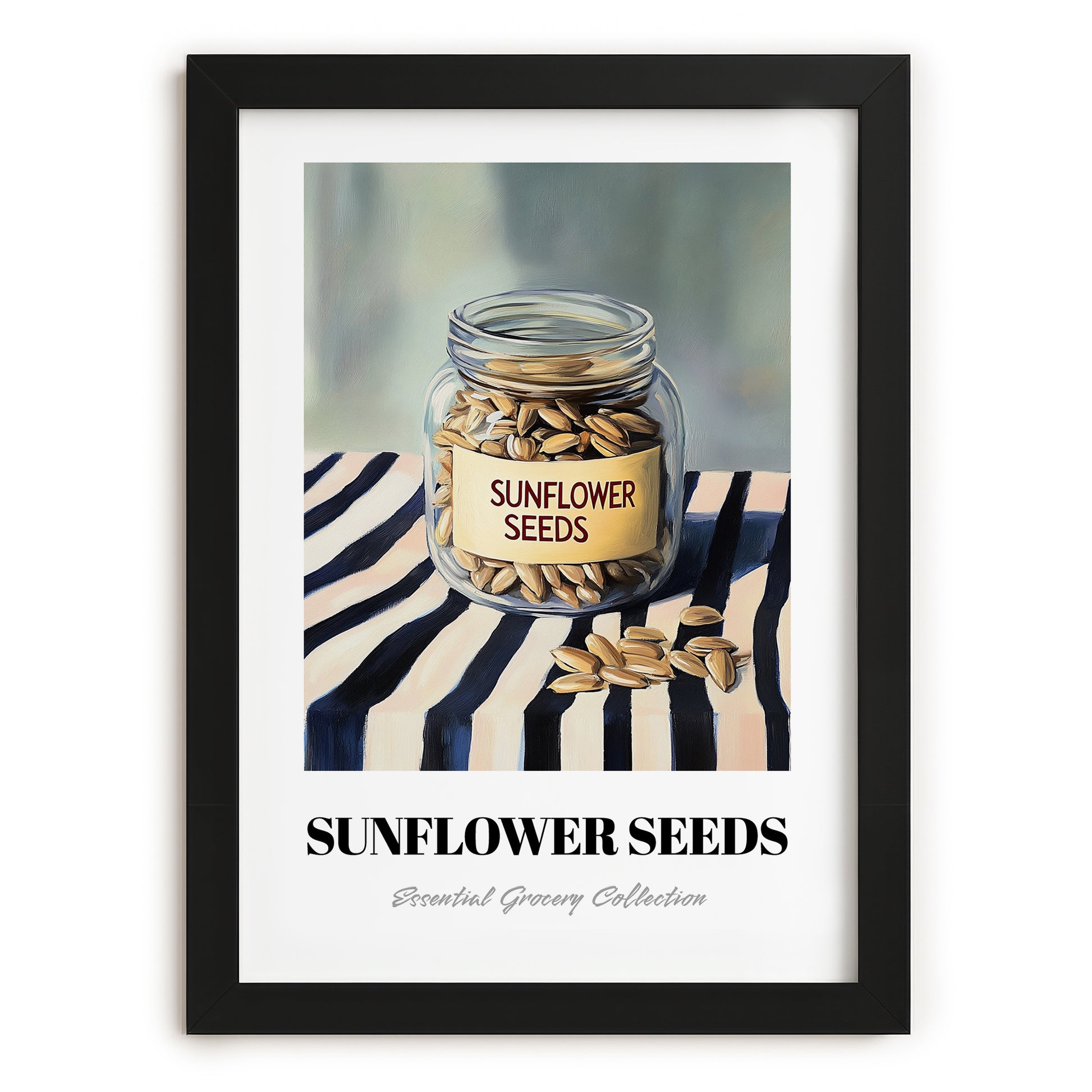 Sunflower Seeds – on Striped Tablecloth, Nuts Illustration, in sleek black frame