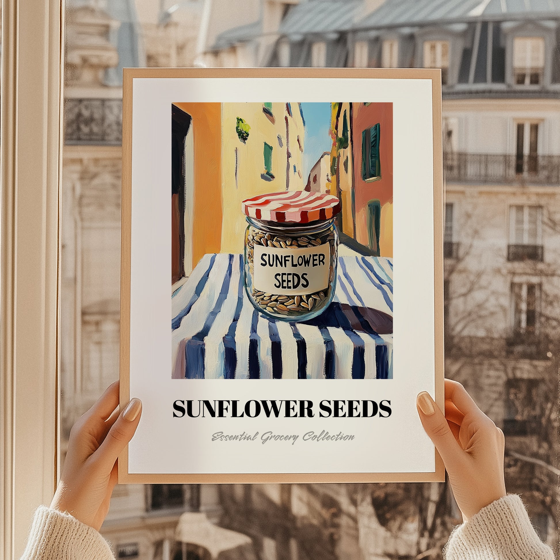Sunflower Seeds – Italian Café on the Corner, Nuts Illustration, styled in a charming Paris street view