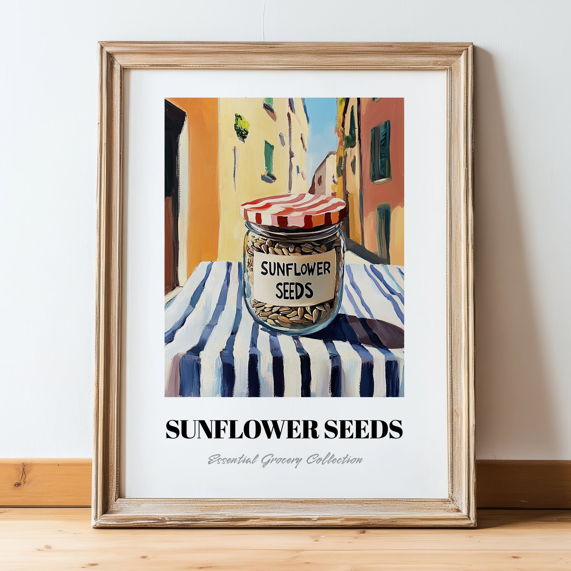 Sunflower Seeds – Italian Café on the Corner, Nuts Illustration, in wooden frame leaning on the floor