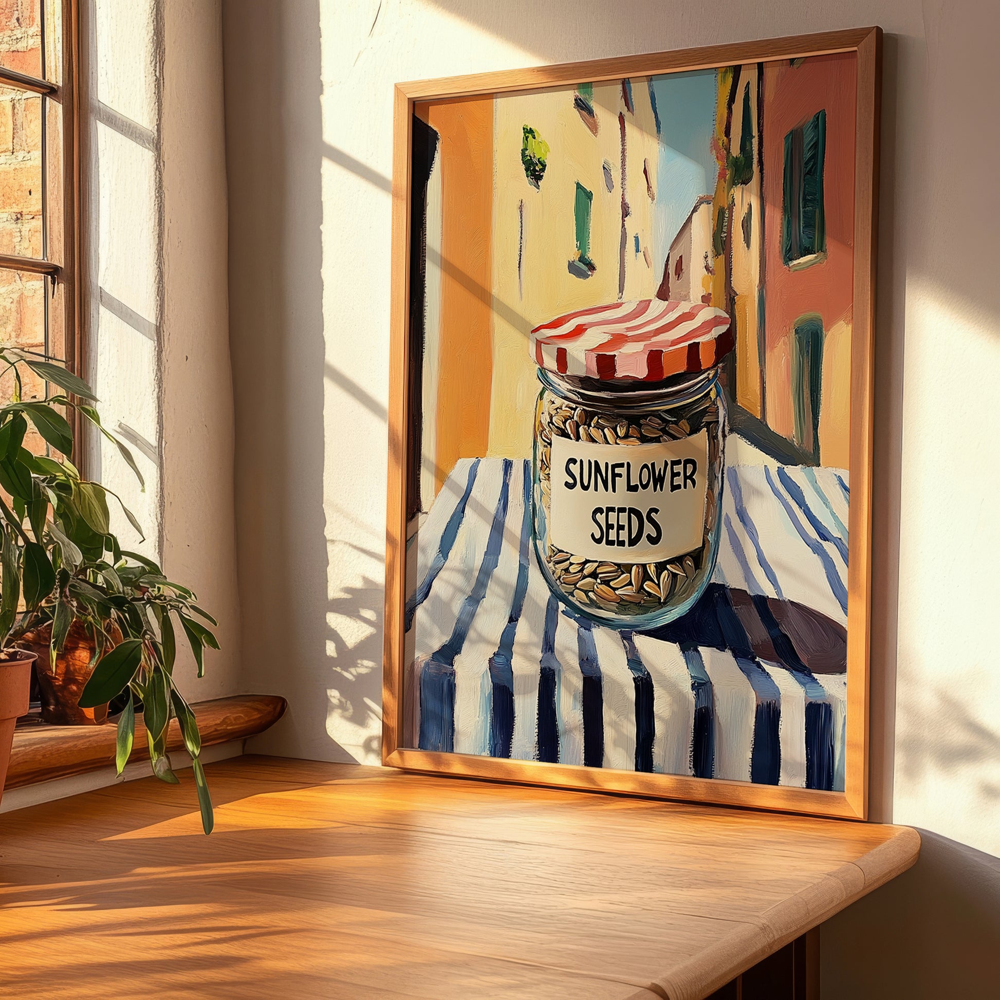 Sunflower Seeds – Italian Café on the Corner, Nuts Illustration, clean layout with no caption