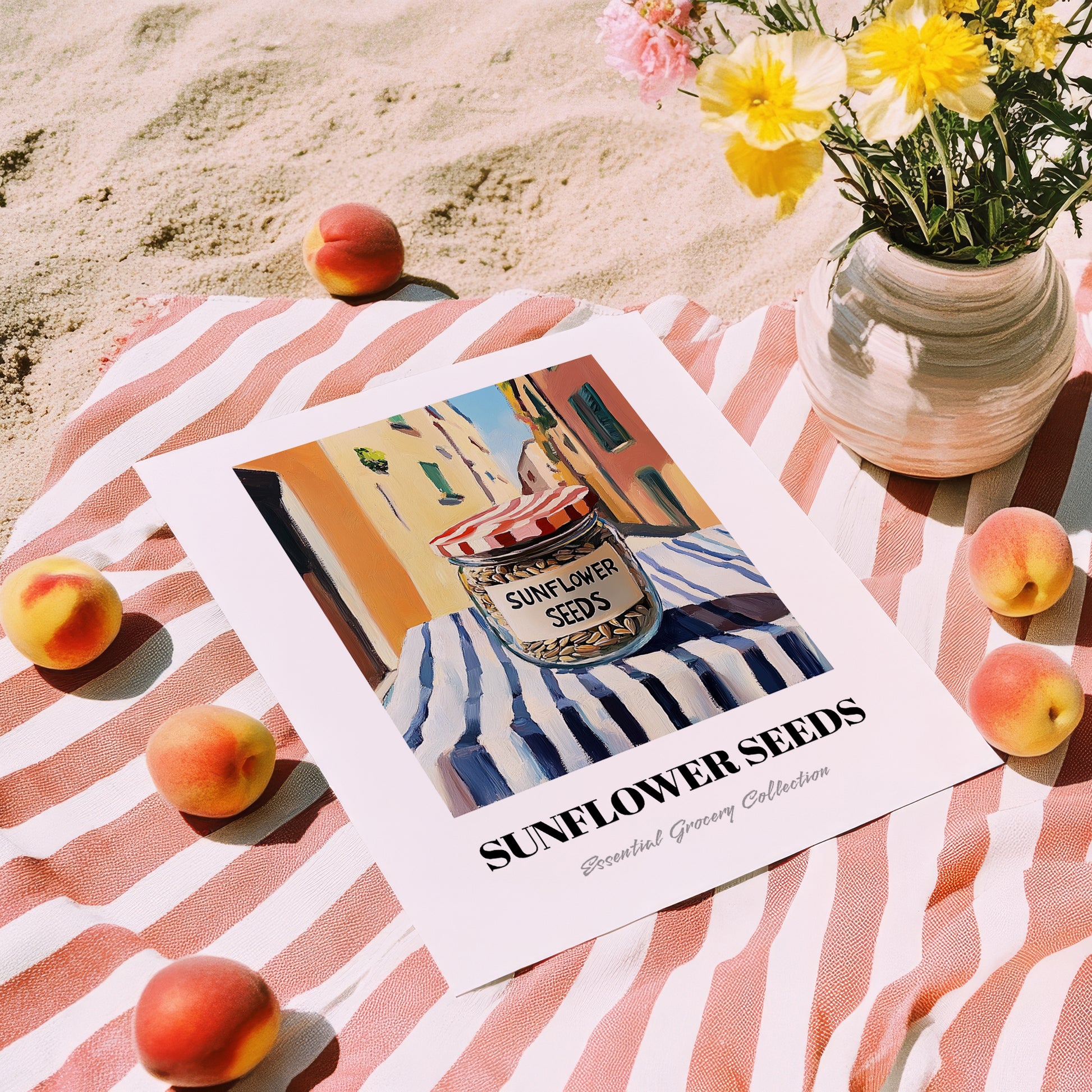Sunflower Seeds – Italian Café on the Corner, Nuts Illustration, unframed on coastal sand