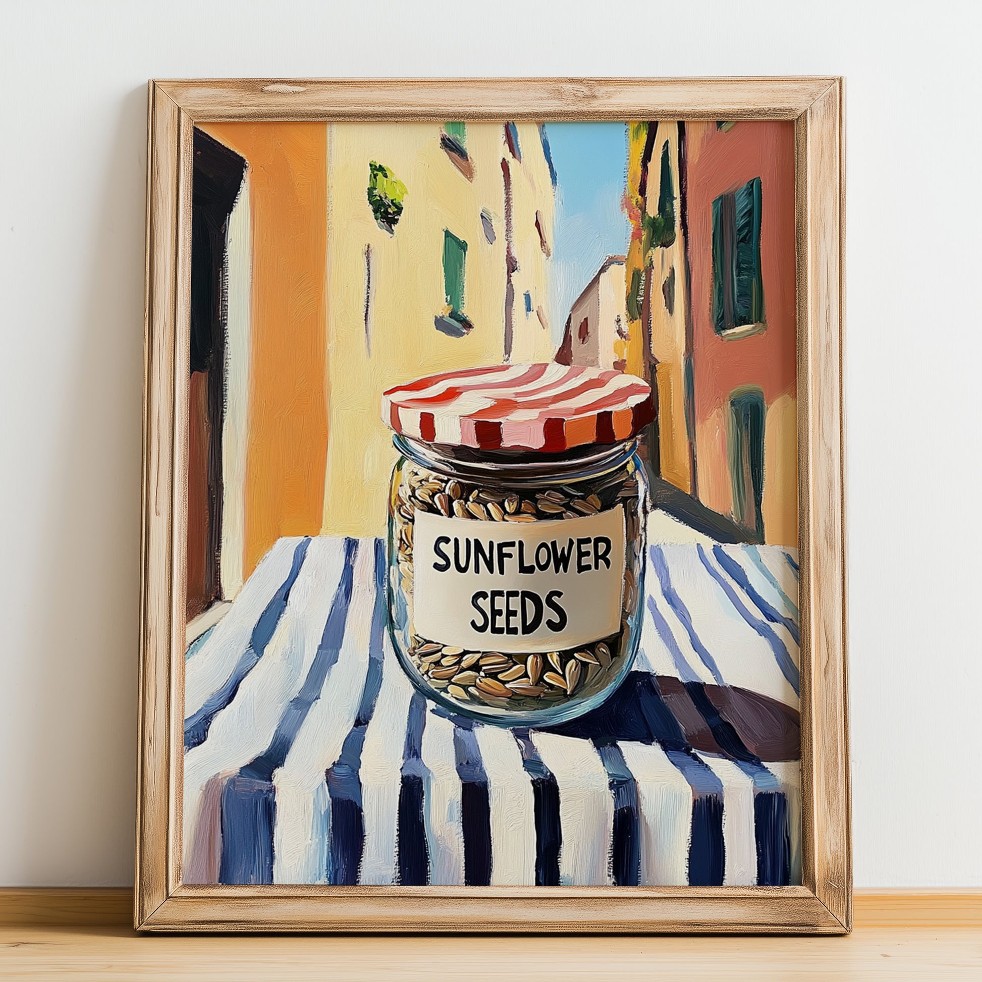 Sunflower Seeds – Italian Café on the Corner, Nuts Illustration, no-text version framed in wood