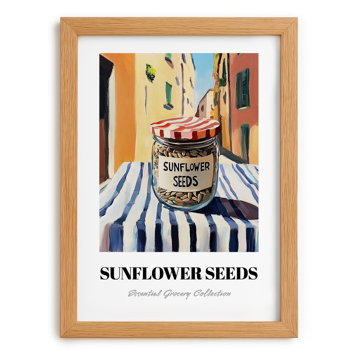Sunflower Seeds – Italian Café on the Corner, Nuts Illustration, set in oak frame