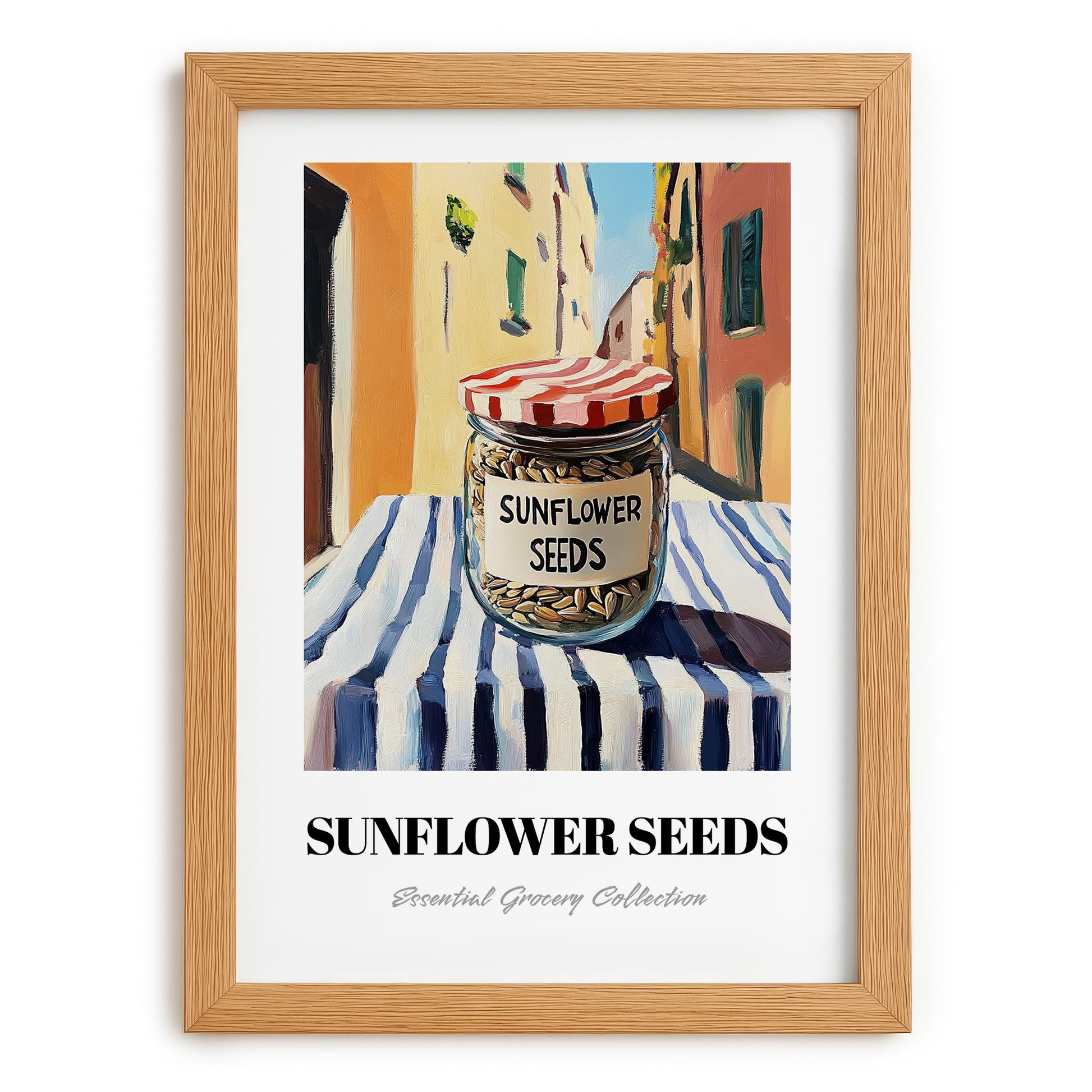 Sunflower Seeds – Italian Café on the Corner, Nuts Illustration, set in oak frame