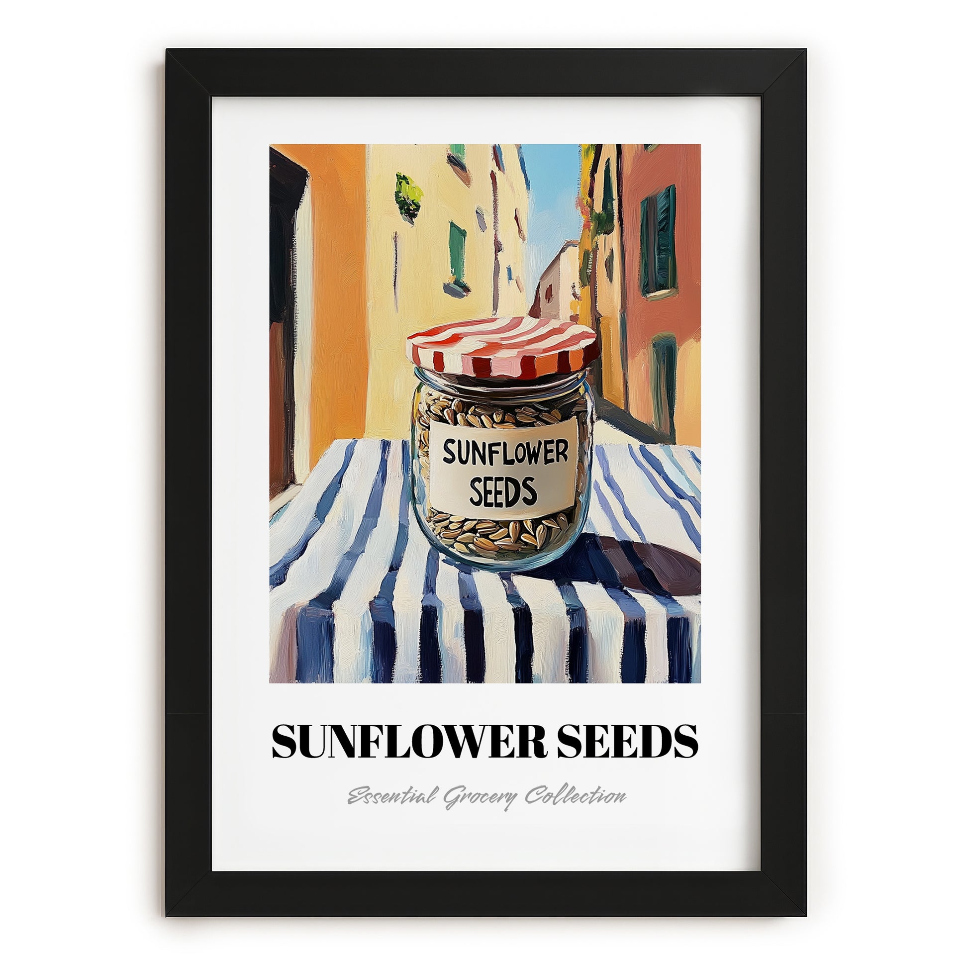 Sunflower Seeds – Italian Café on the Corner, Nuts Illustration, in sleek black frame