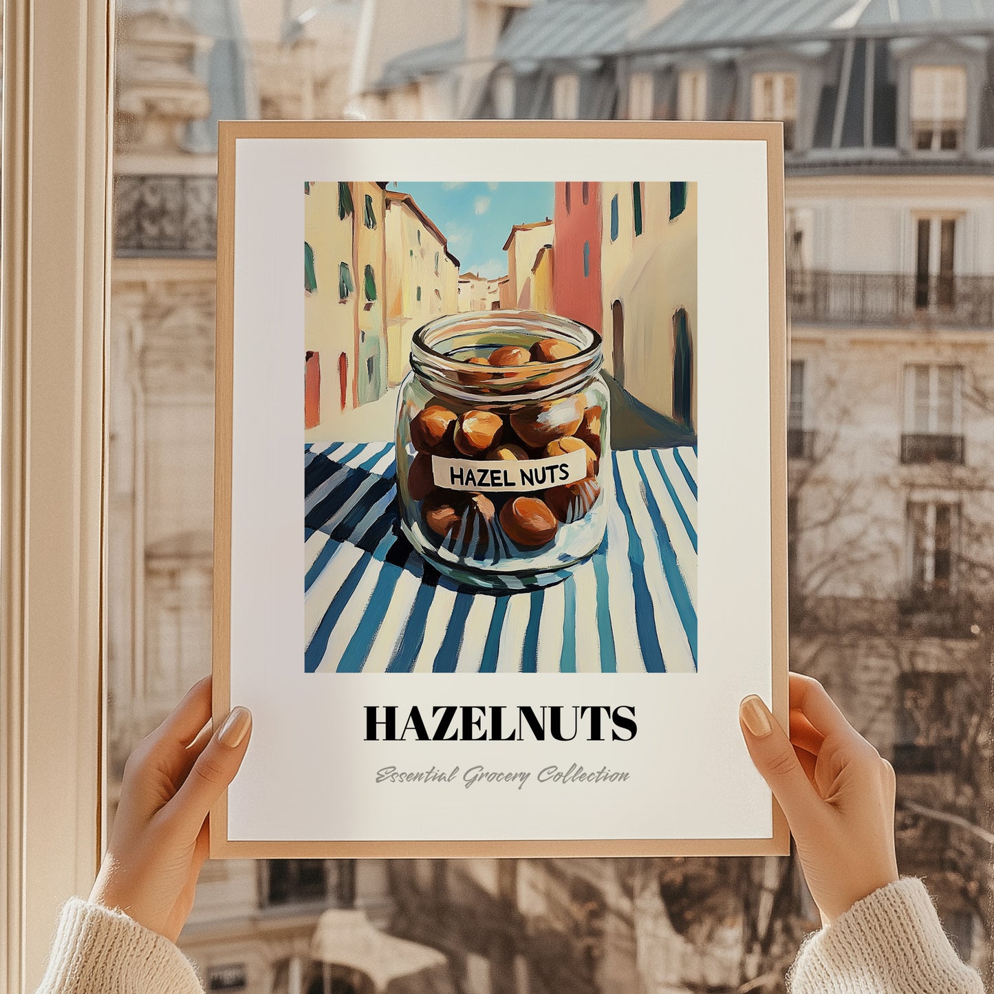 Hazelnuts – Italian Café on the Corner, Nuts Print, styled in a charming Paris street view