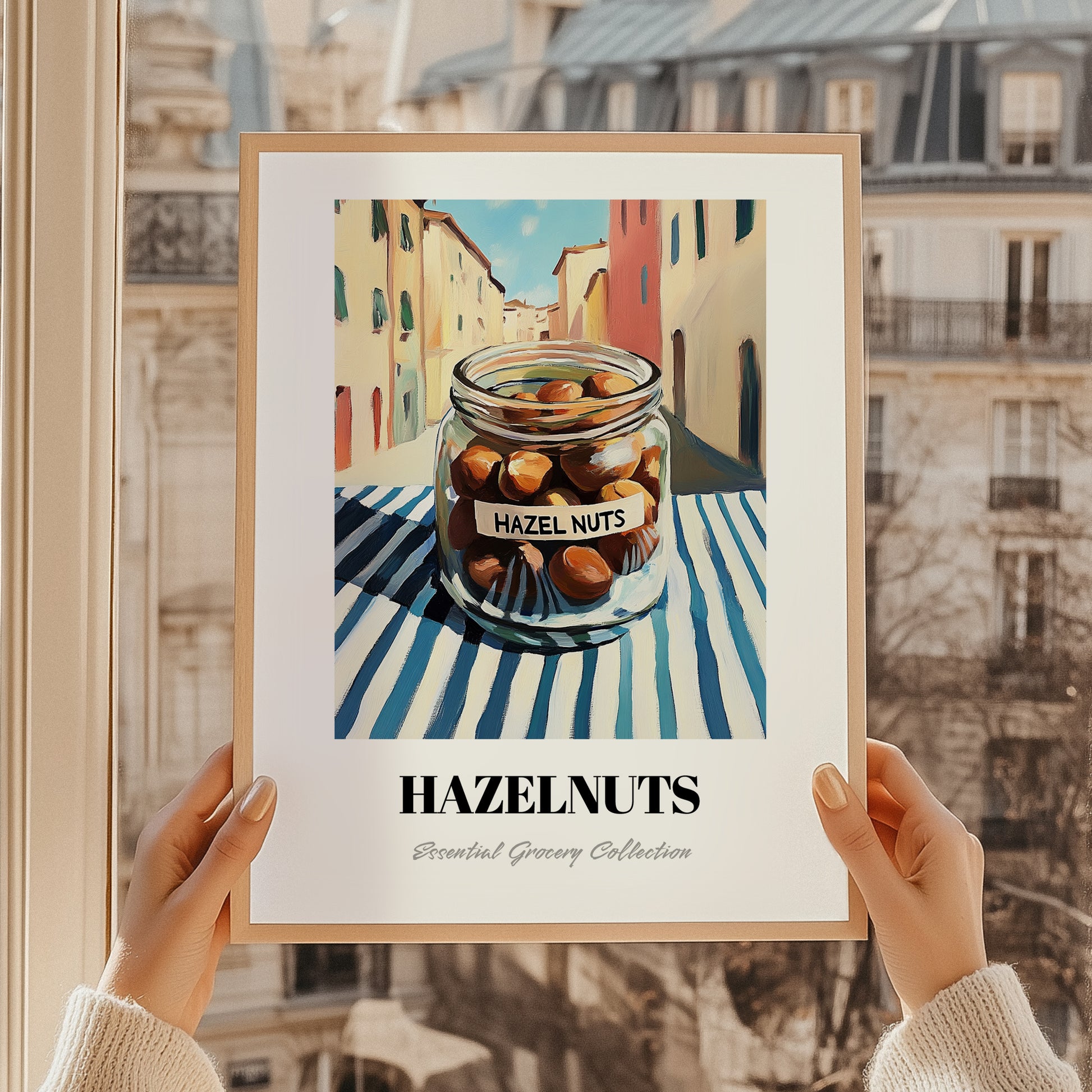 Hazelnuts – Italian Café on the Corner, Nuts Print, styled in a charming Paris street view