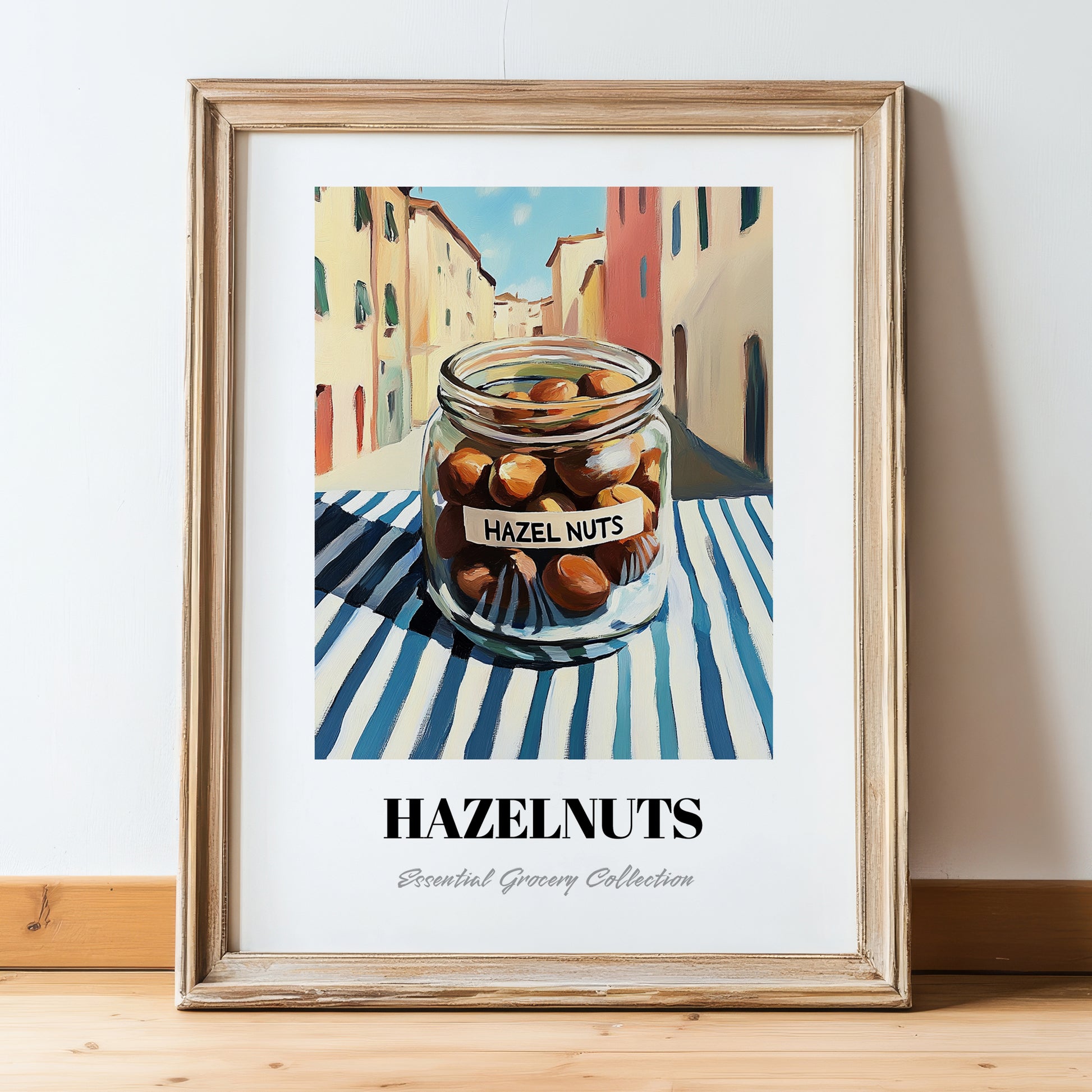 Hazelnuts – Italian Café on the Corner, Nuts Print, in wooden frame leaning on the floor