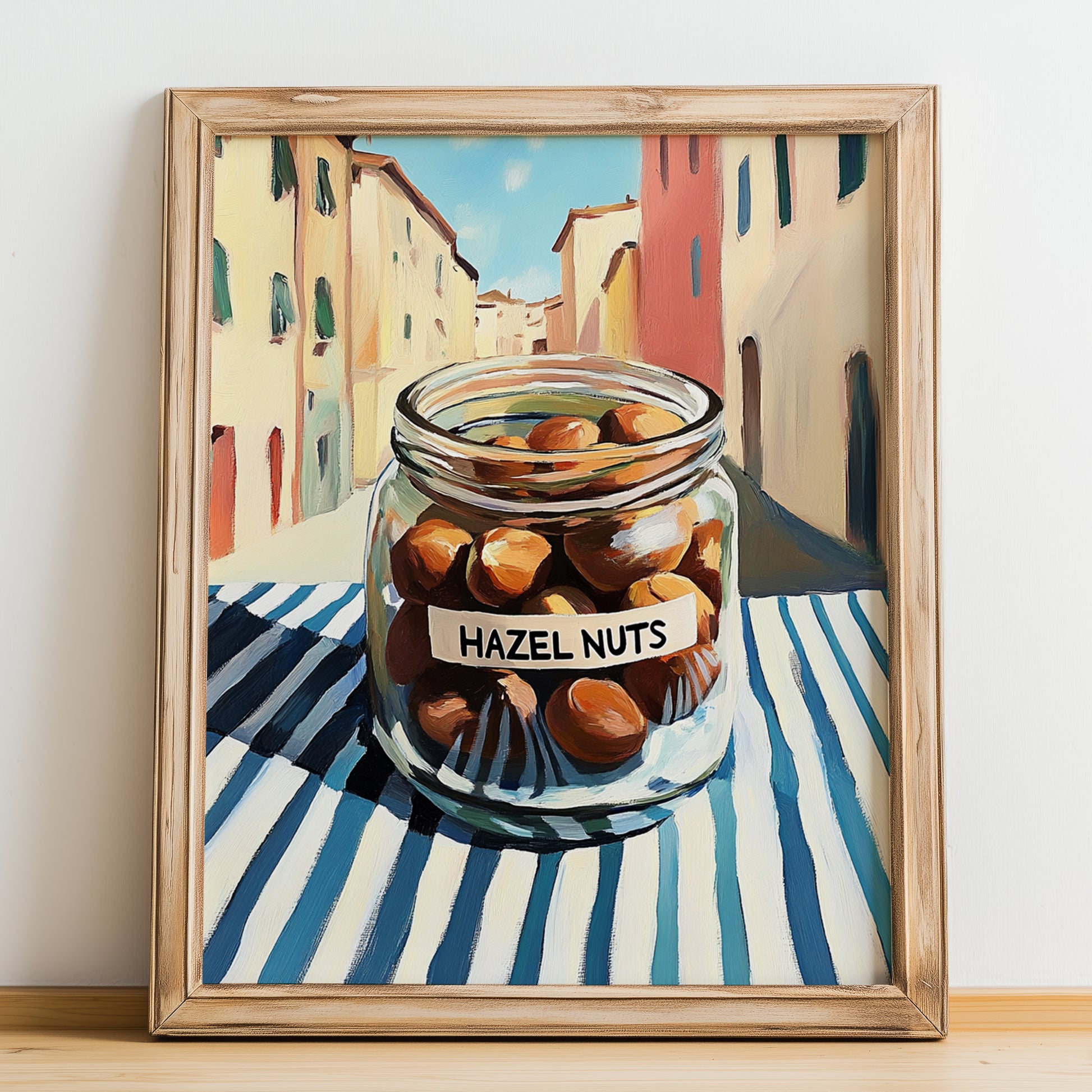 Hazelnuts – Italian Café on the Corner, Nuts Print, no-text version framed in wood