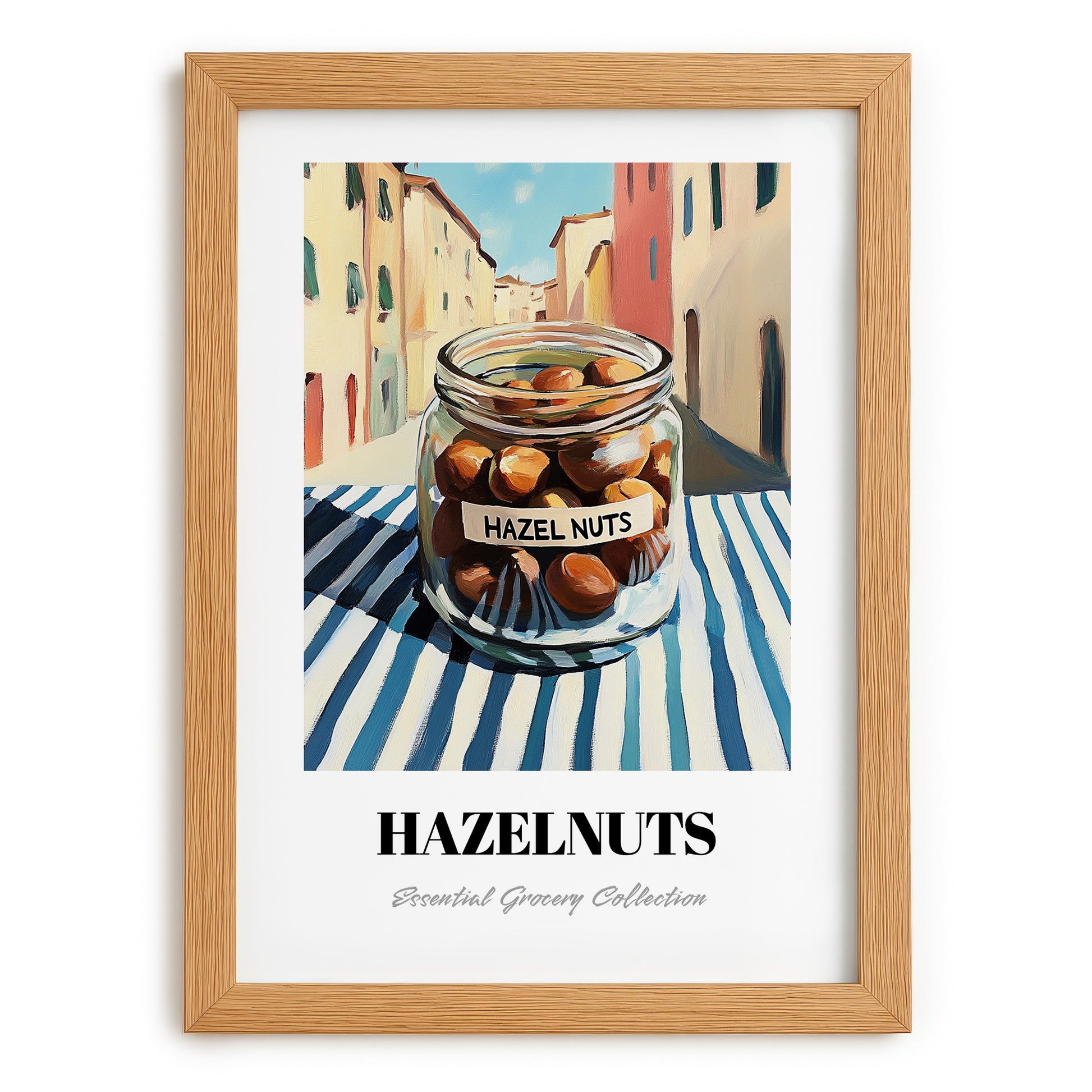 Hazelnuts – Italian Café on the Corner, Nuts Print, set in oak frame