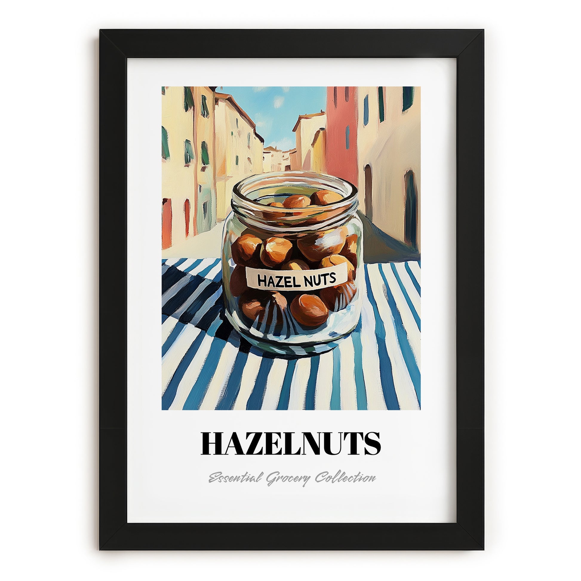 Hazelnuts – Italian Café on the Corner, Nuts Print, in sleek black frame