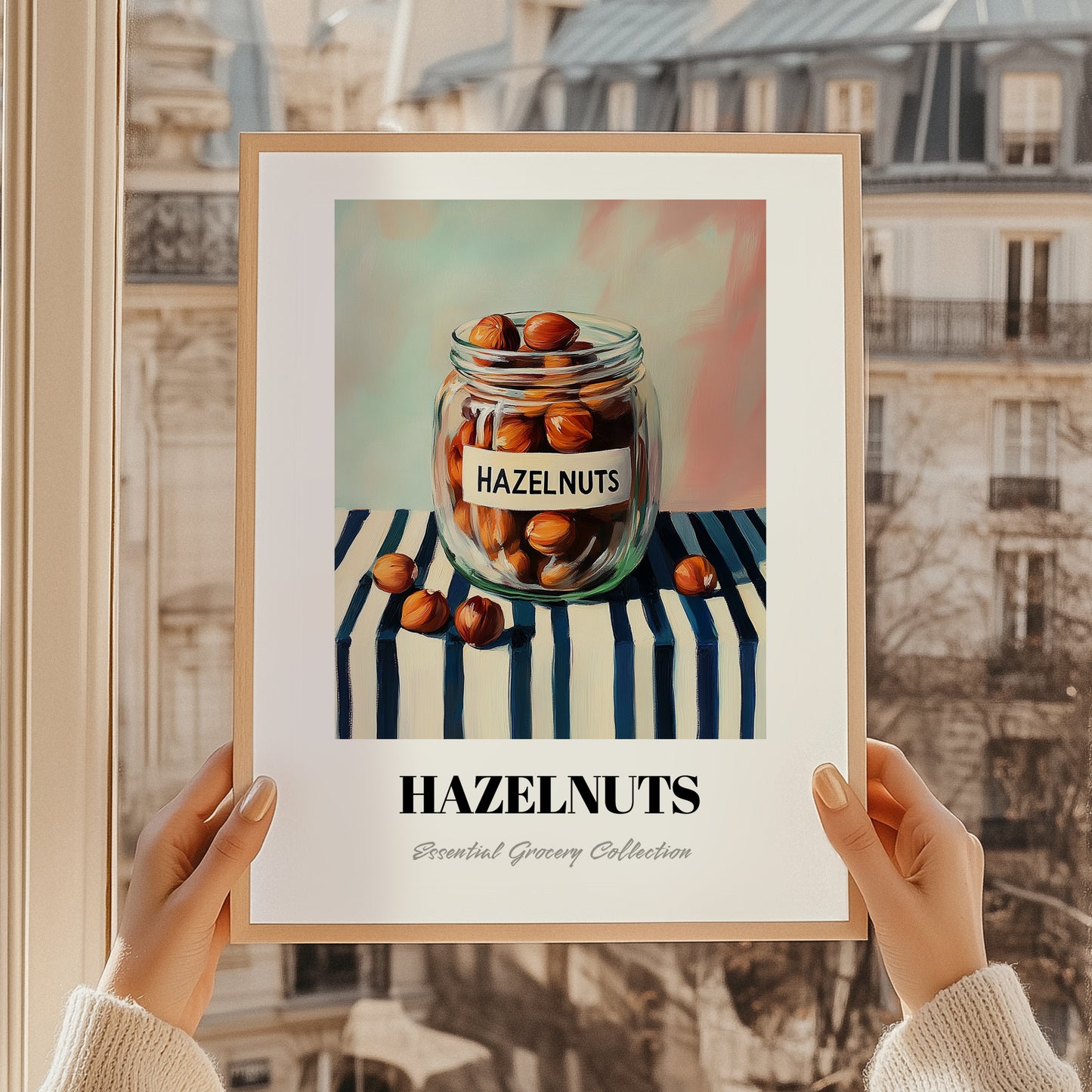 Hazelnuts – on Striped Tablecloth, Nuts Wall Decor, styled in a charming Paris street view