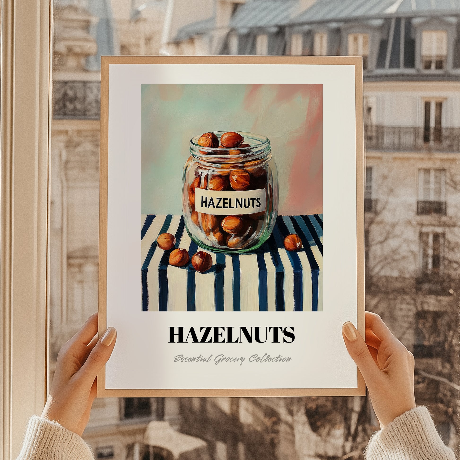 Hazelnuts – on Striped Tablecloth, Nuts Wall Decor, styled in a charming Paris street view