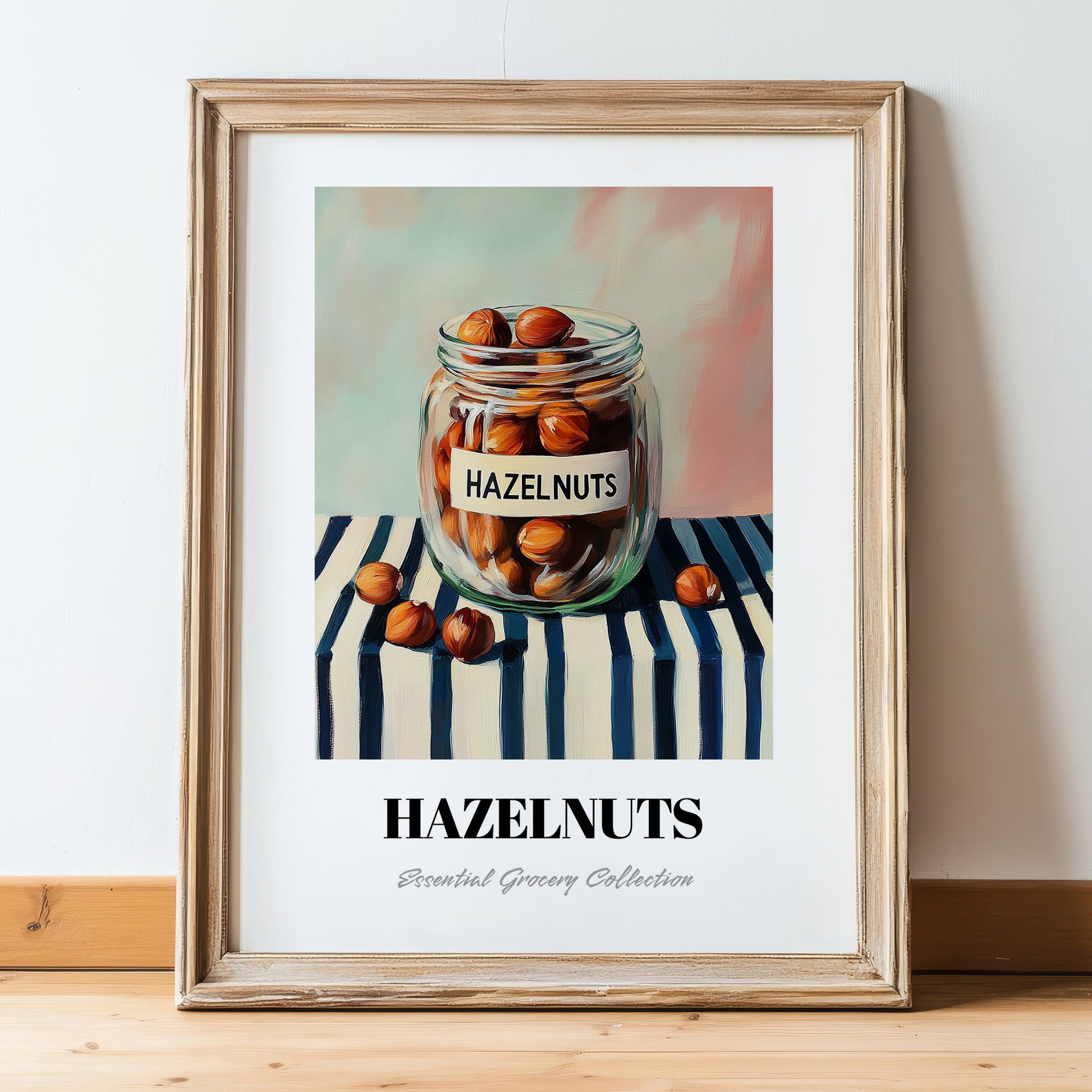 Hazelnuts – on Striped Tablecloth, Nuts Wall Decor, in wooden frame leaning on the floor