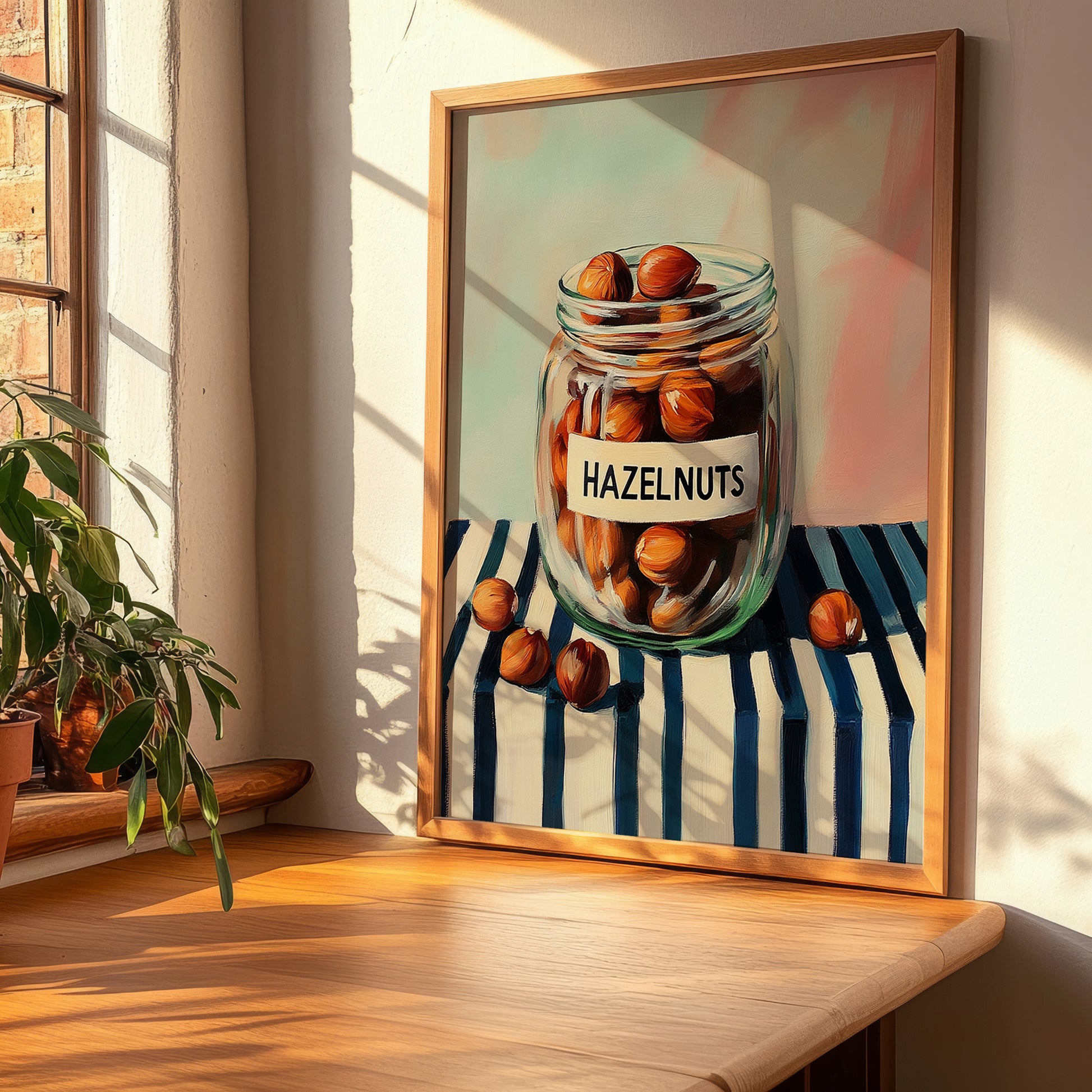 Hazelnuts – on Striped Tablecloth, Nuts Wall Decor, clean layout with no caption