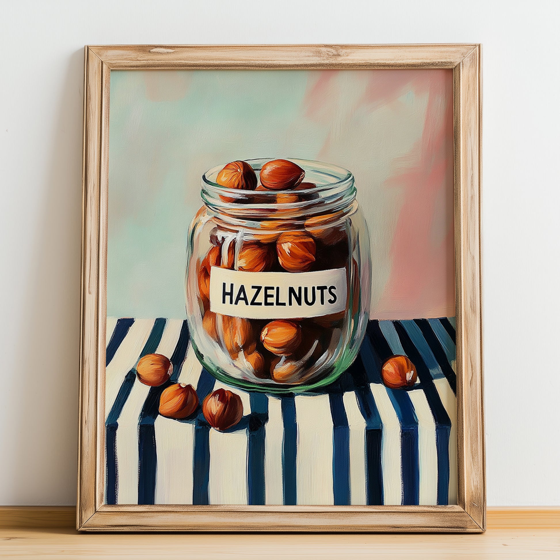 Hazelnuts – on Striped Tablecloth, Nuts Wall Decor, no-text version framed in wood