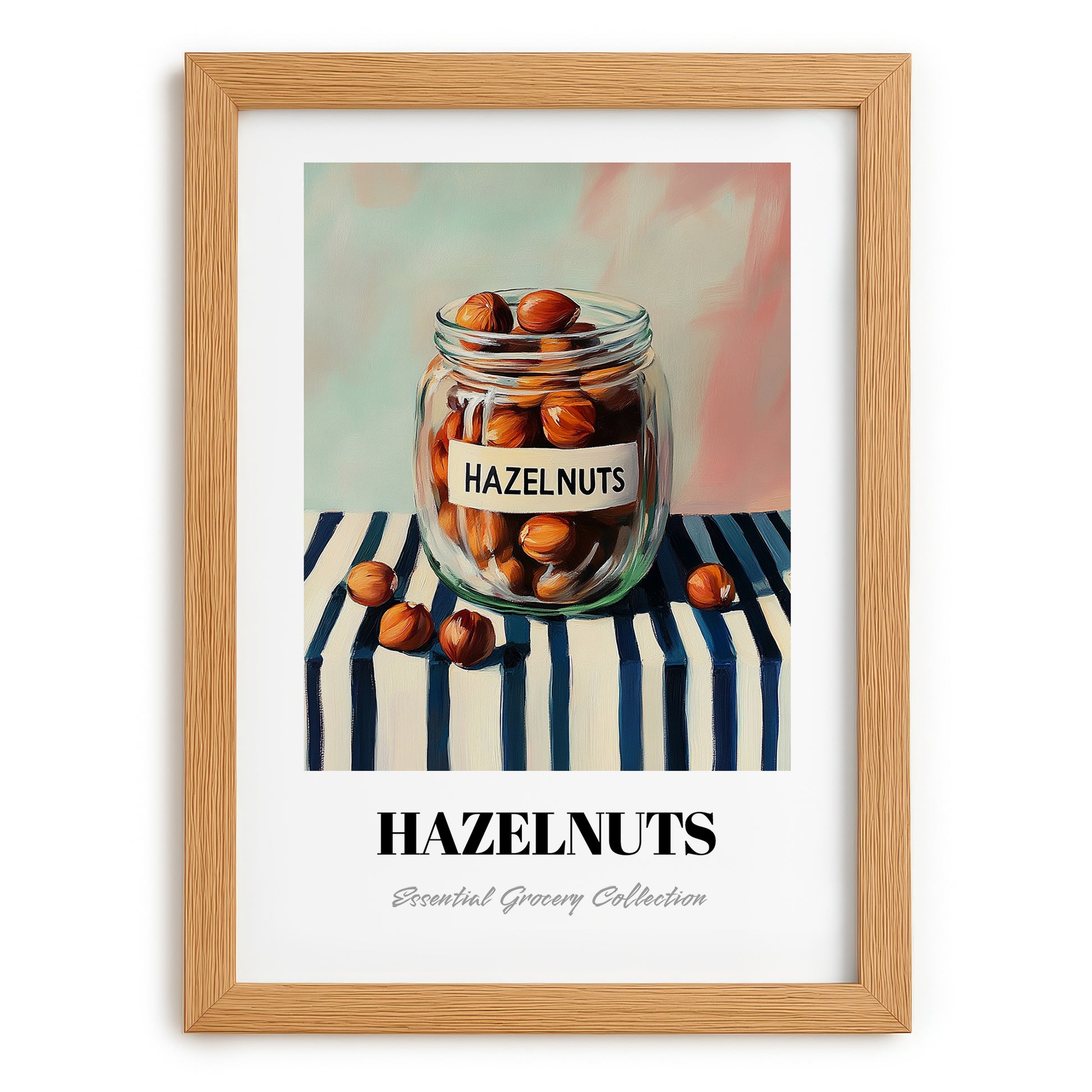 Hazelnuts – on Striped Tablecloth, Nuts Wall Decor, set in oak frame