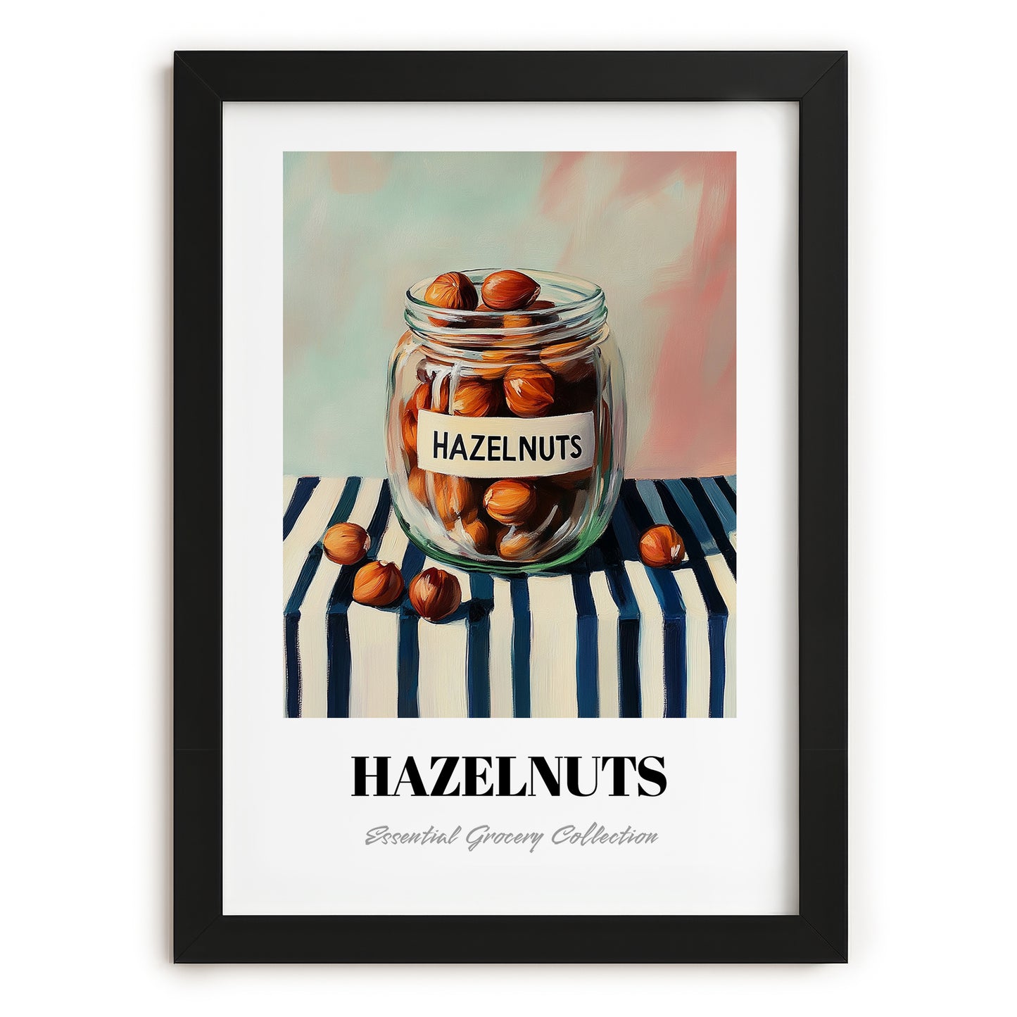 Hazelnuts – on Striped Tablecloth, Nuts Wall Decor, in sleek black frame