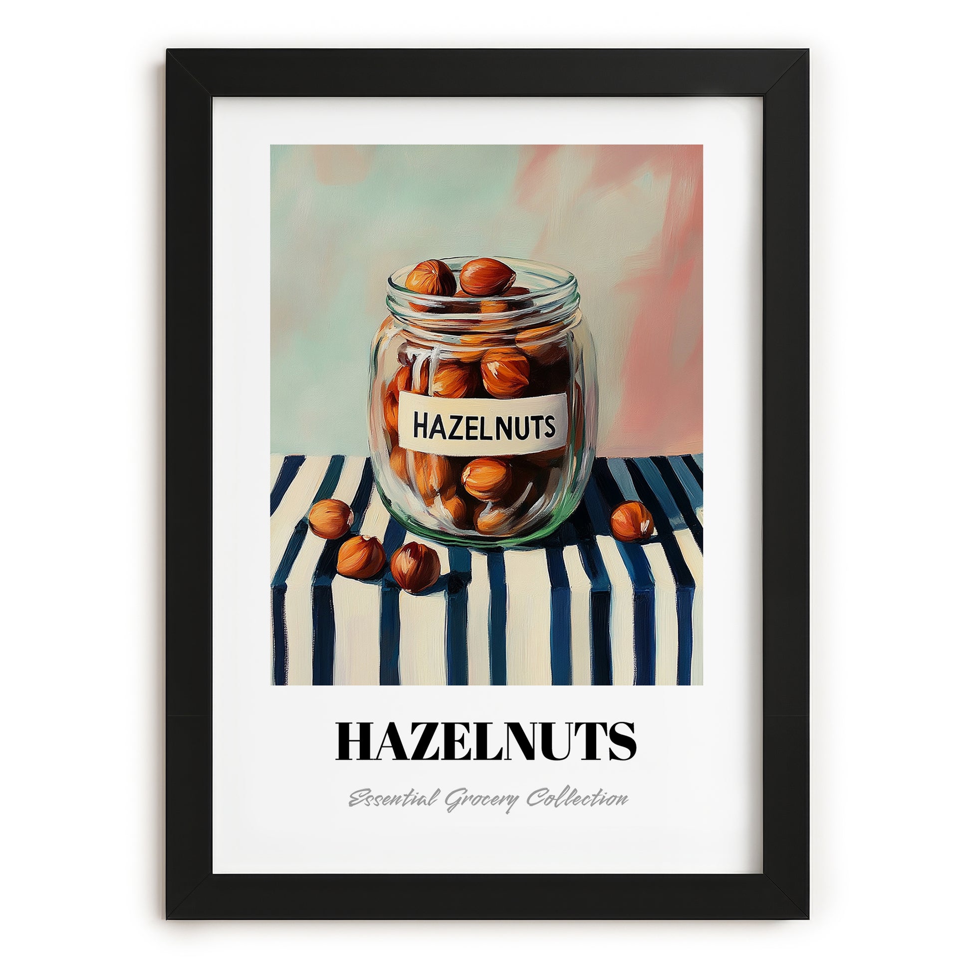 Hazelnuts – on Striped Tablecloth, Nuts Wall Decor, in sleek black frame