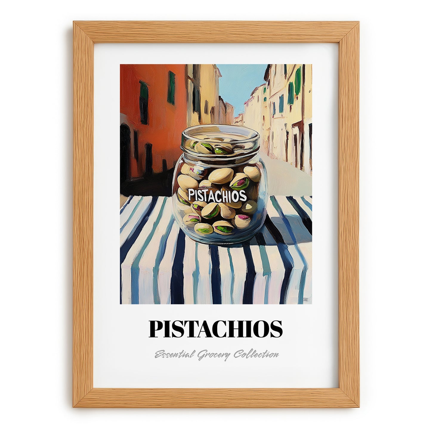 Pistachios – Italian Urban Café Scene, Nuts Wall Illustration, set in oak frame