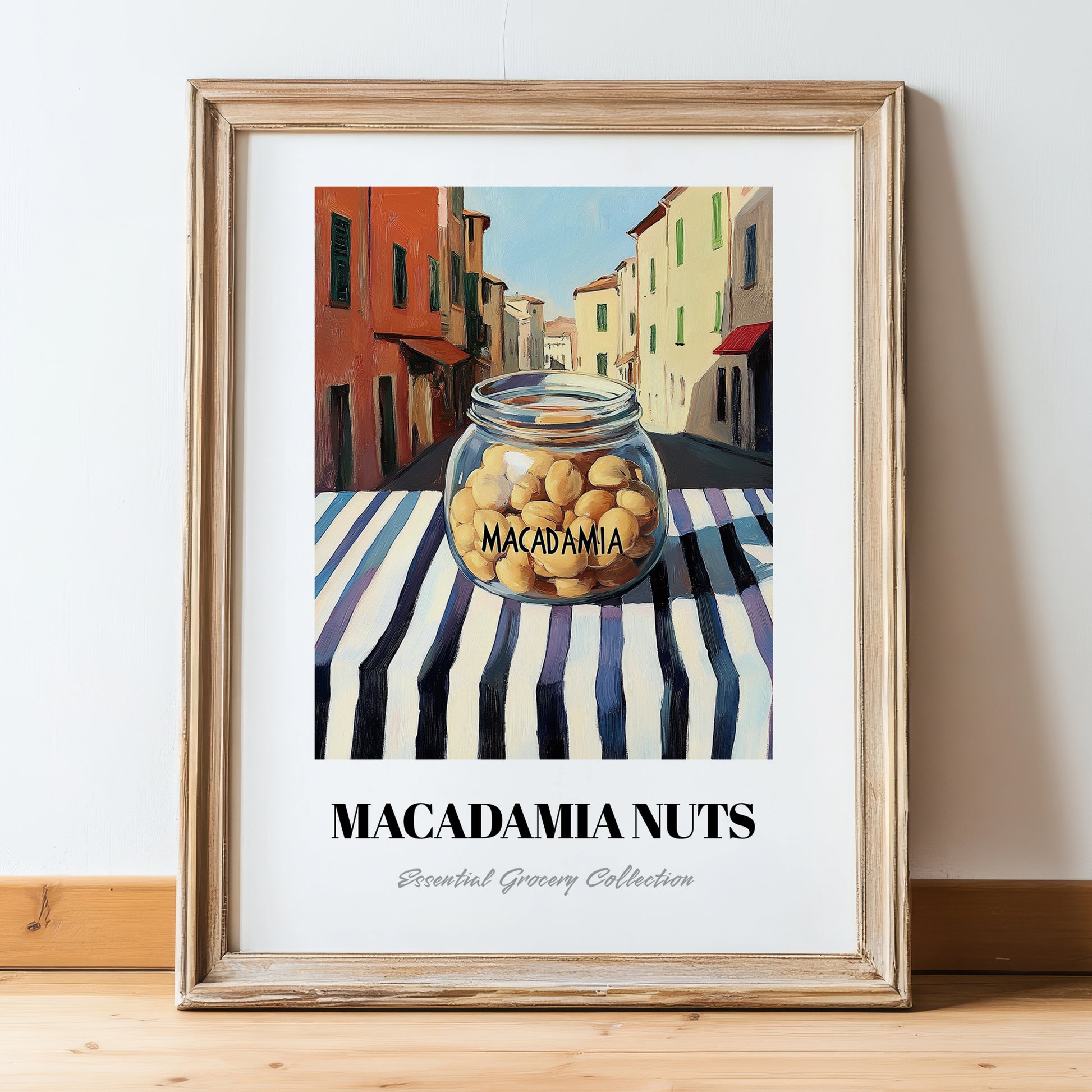 Macadamia – Italian Outdoor Café Scene, Nuts Wall Art, in wooden frame leaning on the floor