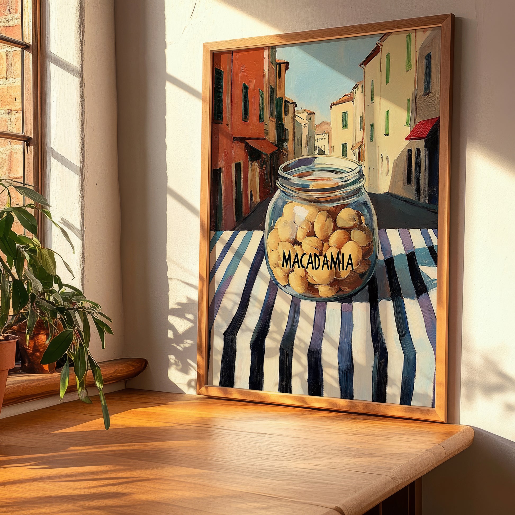 Macadamia – Italian Outdoor Café Scene, Nuts Wall Art, clean layout with no caption