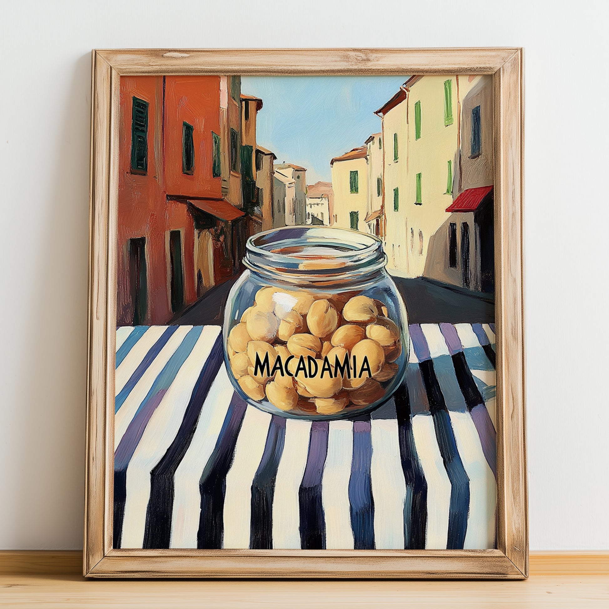 Macadamia – Italian Outdoor Café Scene, Nuts Wall Art, no-text version framed in wood
