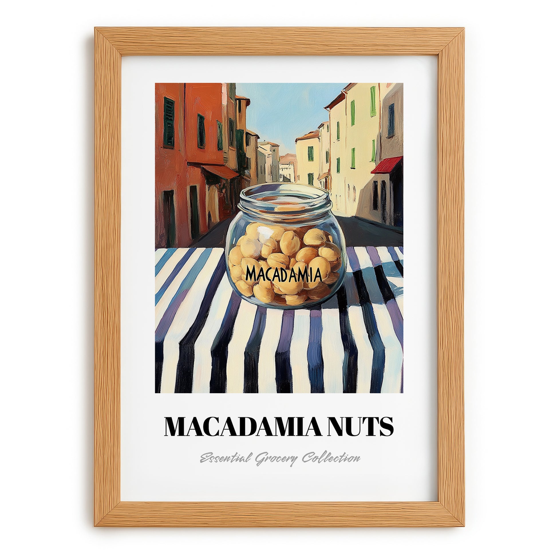 Macadamia – Italian Outdoor Café Scene, Nuts Wall Art, set in oak frame