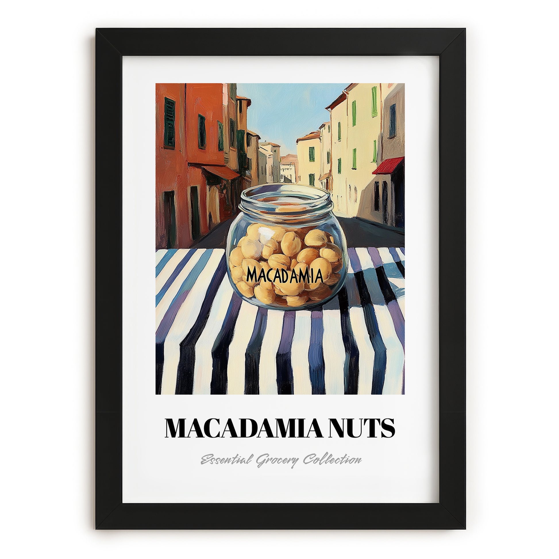 Macadamia – Italian Outdoor Café Scene, Nuts Wall Art, in sleek black frame