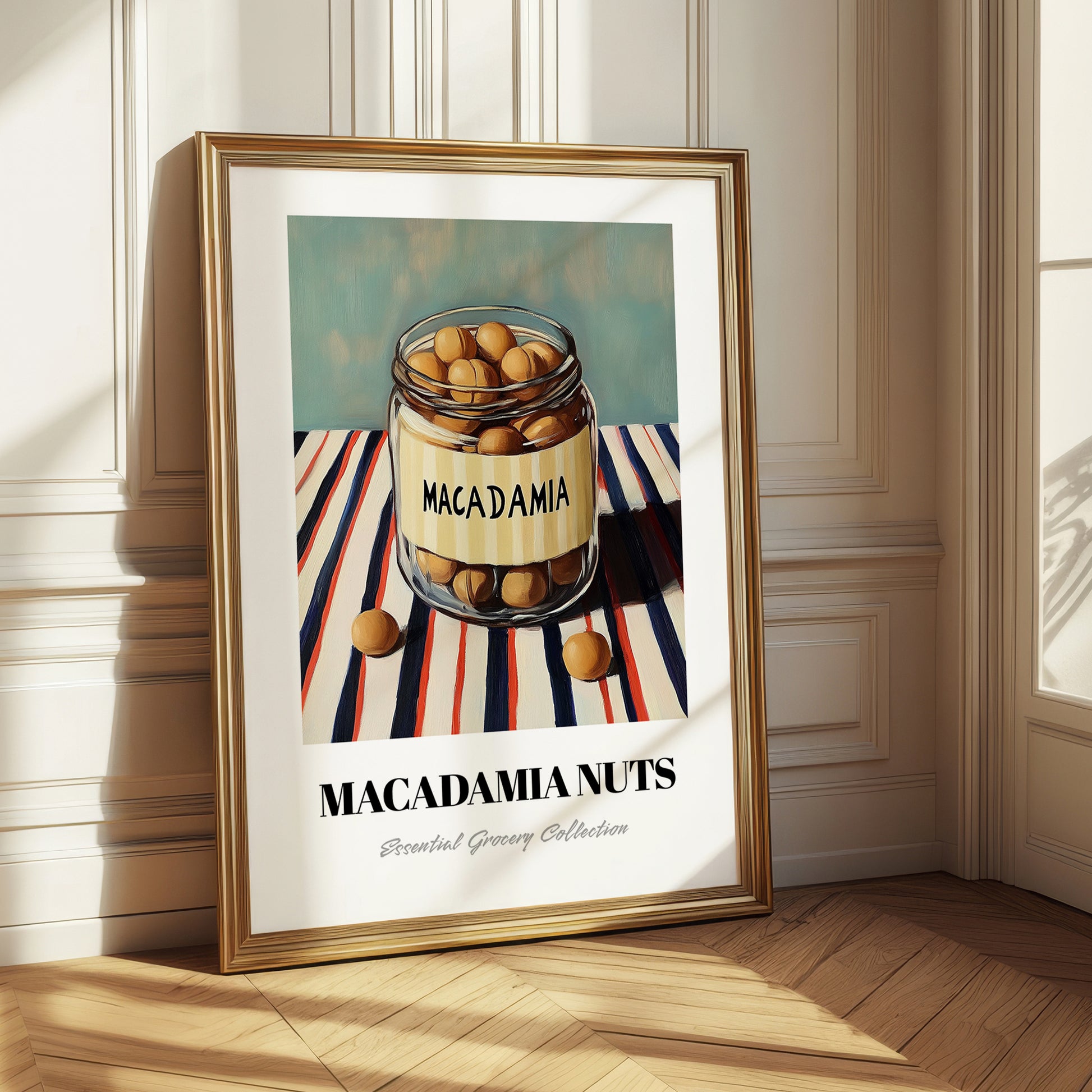 Macadamia – on Striped Tablecloth, Nuts Painting