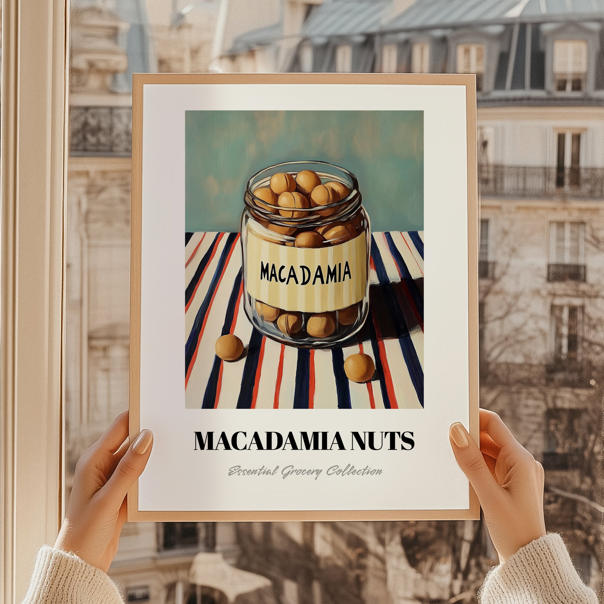Macadamia – on Striped Tablecloth, Nuts Painting, styled in a charming Paris street view