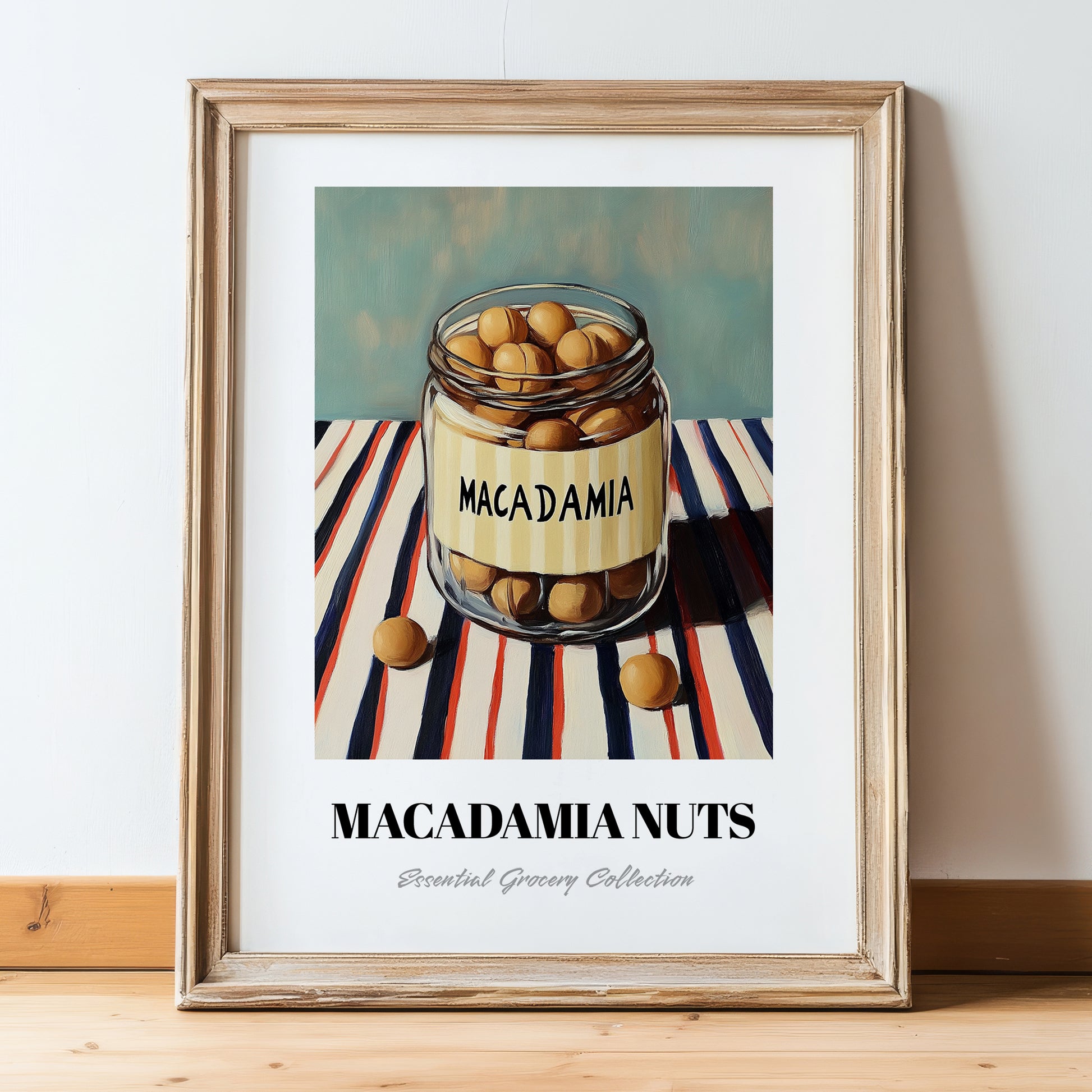 Macadamia – on Striped Tablecloth, Nuts Painting, in wooden frame leaning on the floor