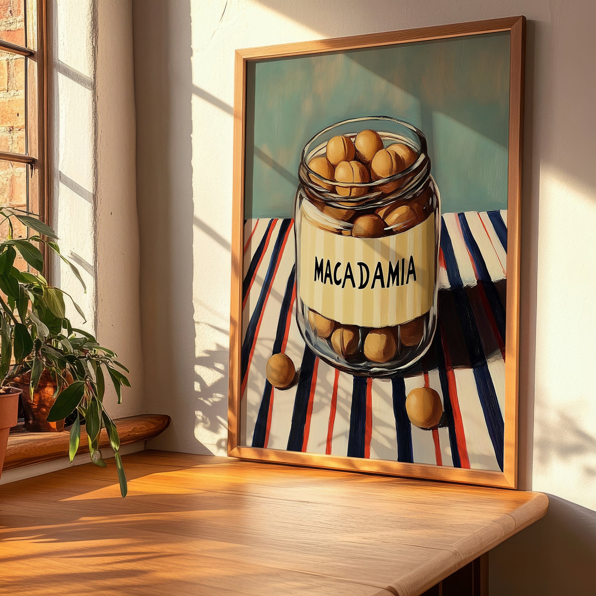Macadamia – on Striped Tablecloth, Nuts Painting, clean layout with no caption