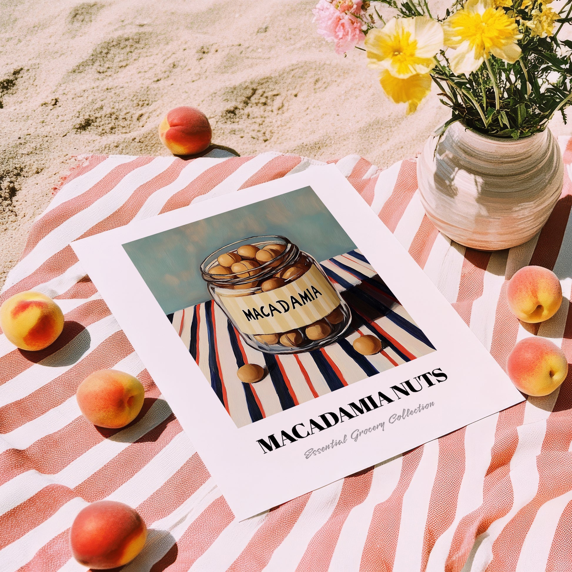 Macadamia – on Striped Tablecloth, Nuts Painting, unframed on coastal sand