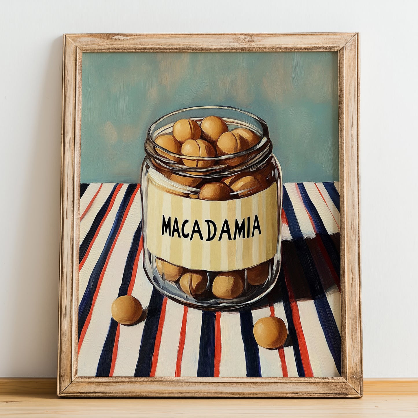 Macadamia – on Striped Tablecloth, Nuts Painting, no-text version framed in wood