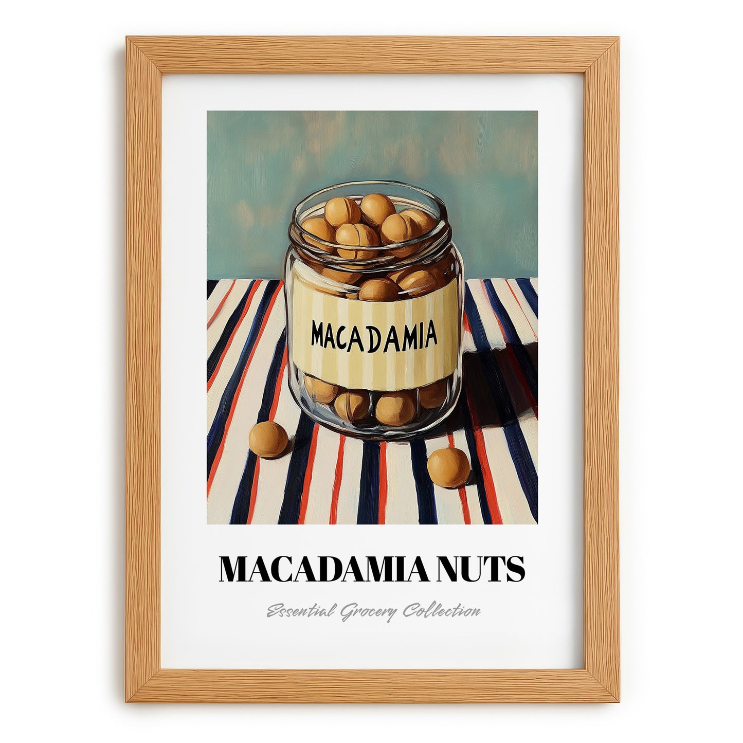 Macadamia – on Striped Tablecloth, Nuts Painting, set in oak frame