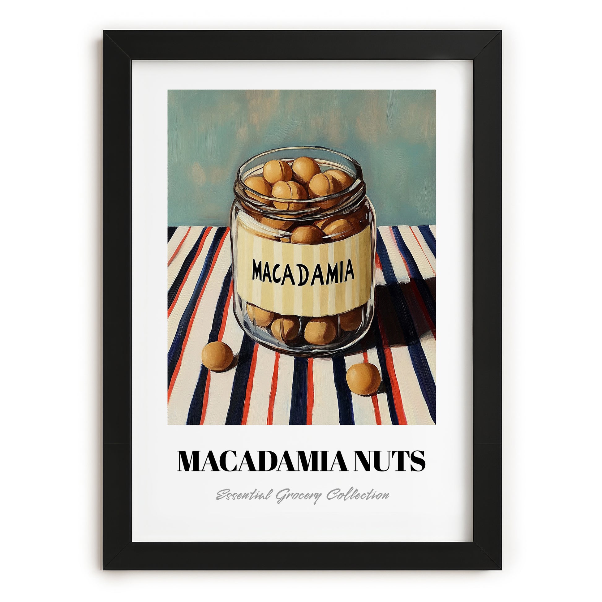 Macadamia – on Striped Tablecloth, Nuts Painting, in sleek black frame