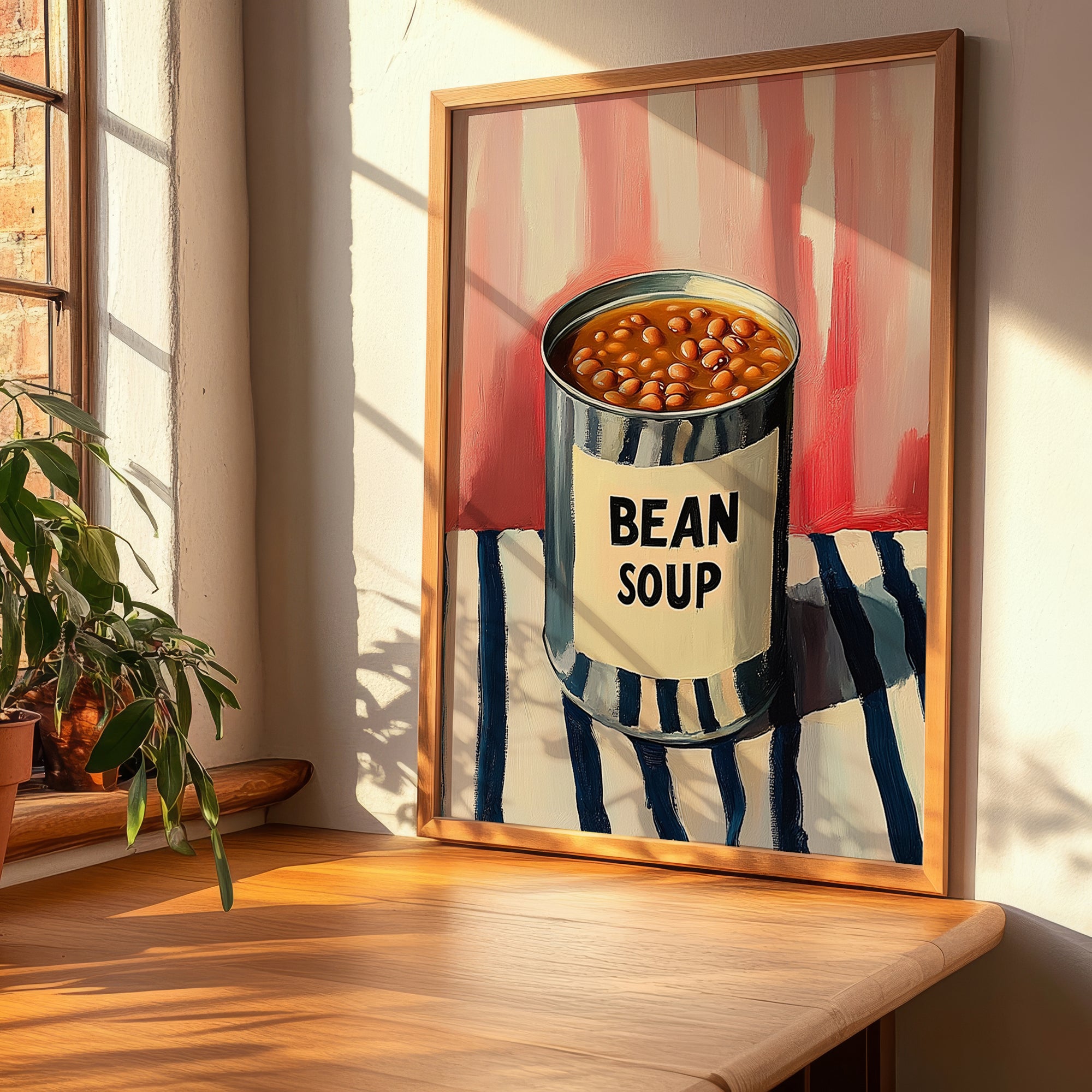 Bean Soup – on Striped Tablecloth, Canned Vegetables Wall Decor, clean layout with no caption