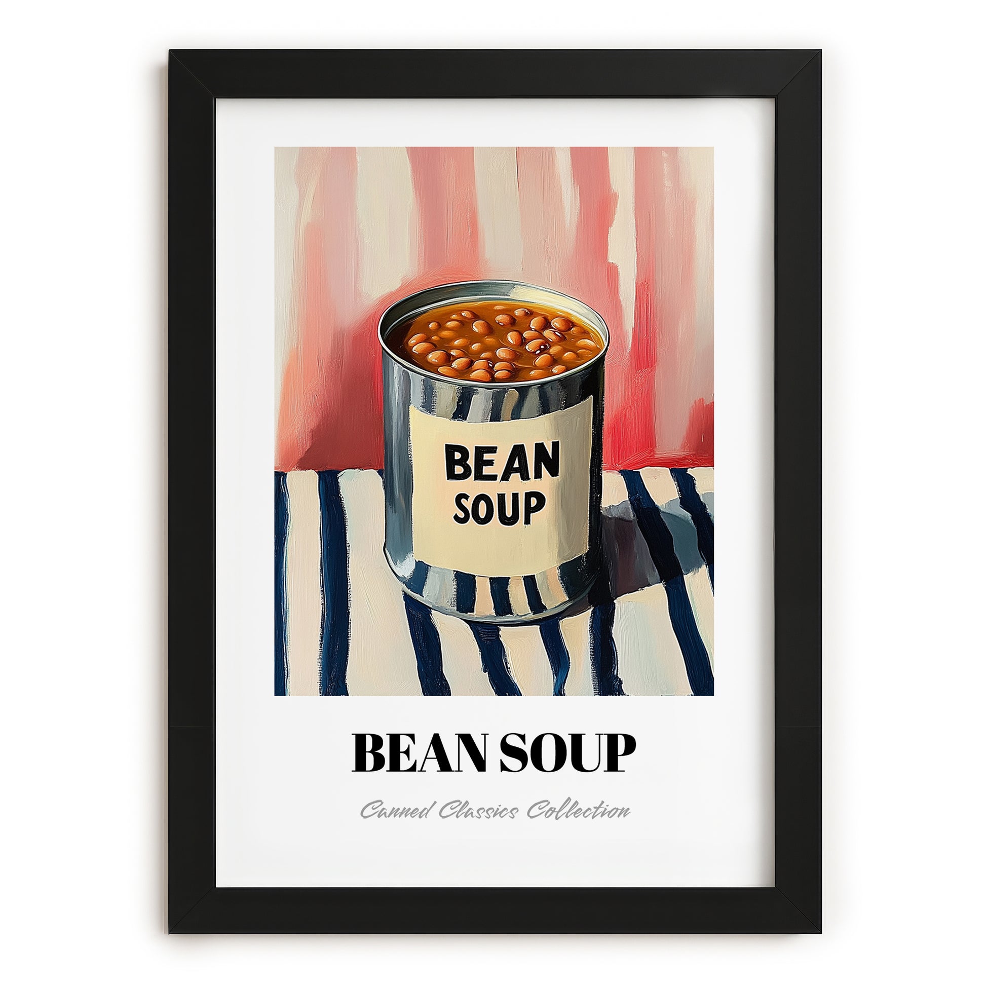 Bean Soup – on Striped Tablecloth, Canned Vegetables Wall Decor, in sleek black frame