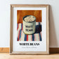 White Beans – on Striped Tablecloth, Canned Vegetables Painting, in wooden frame leaning on the floor