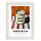 White Beans – on Striped Tablecloth, Canned Vegetables Painting, placed in minimal white frame