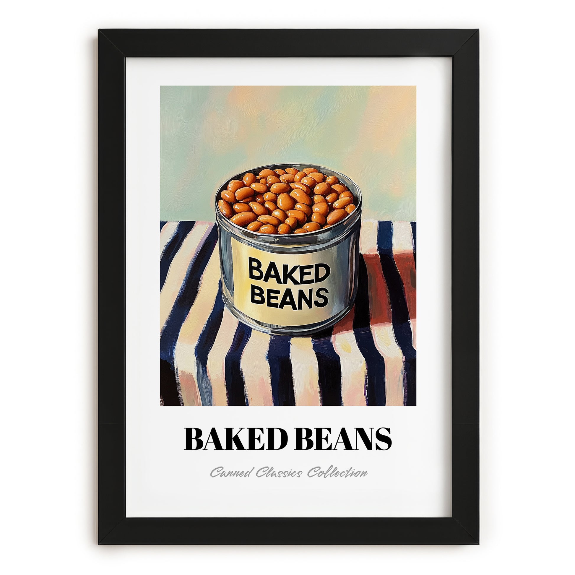 Baked Beans – on Striped Tablecloth, Canned Vegetables Illustration, in sleek black frame
