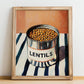 Lentils – on Striped Tablecloth, Canned Vegetables Painting, no-text version framed in wood