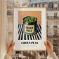 Green Peas – on Striped Tablecloth, Canned Vegetables Poster, styled in a charming Paris street view