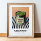 Green Peas – on Striped Tablecloth, Canned Vegetables Poster, in wooden frame leaning on the floor